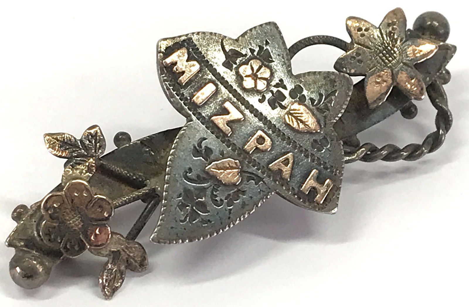Antique Victorian England Chester 1898 gilt & silver sterling Mizpah flowers & leaves pin brooch. (1 of 9)
