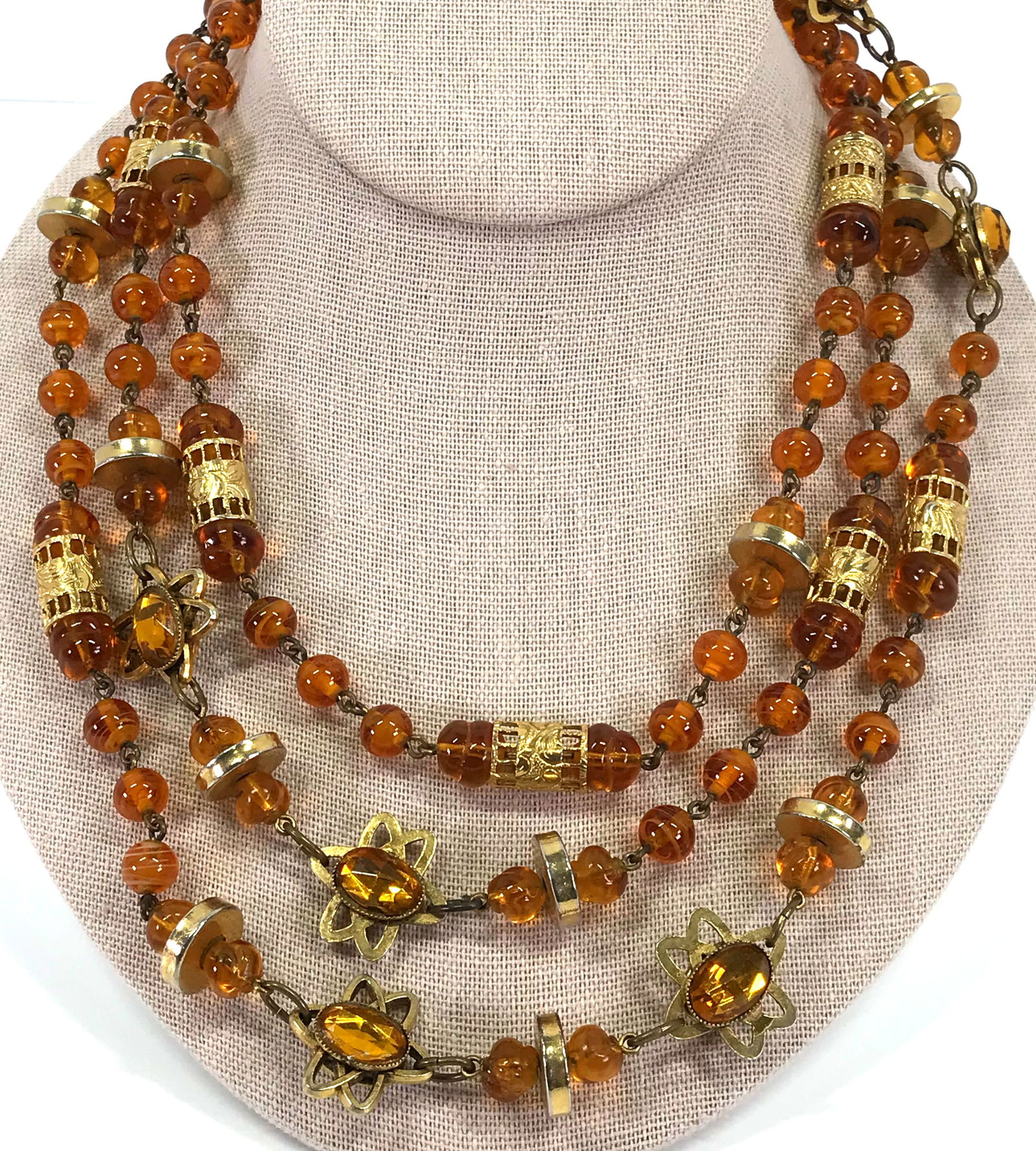 Vintage Flapper Style Amber Glass Beads Filigree Metal Necklace. (1 of 13)