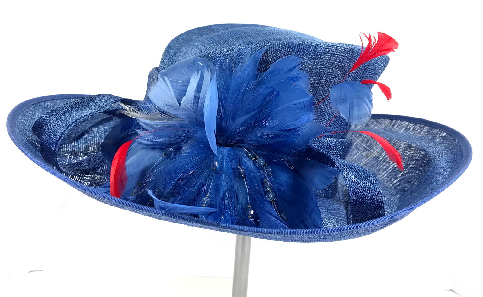 Blue Sinamay Feathers Hat. Size around 22. For measures please refer to the picture taken with a (1 of 12)