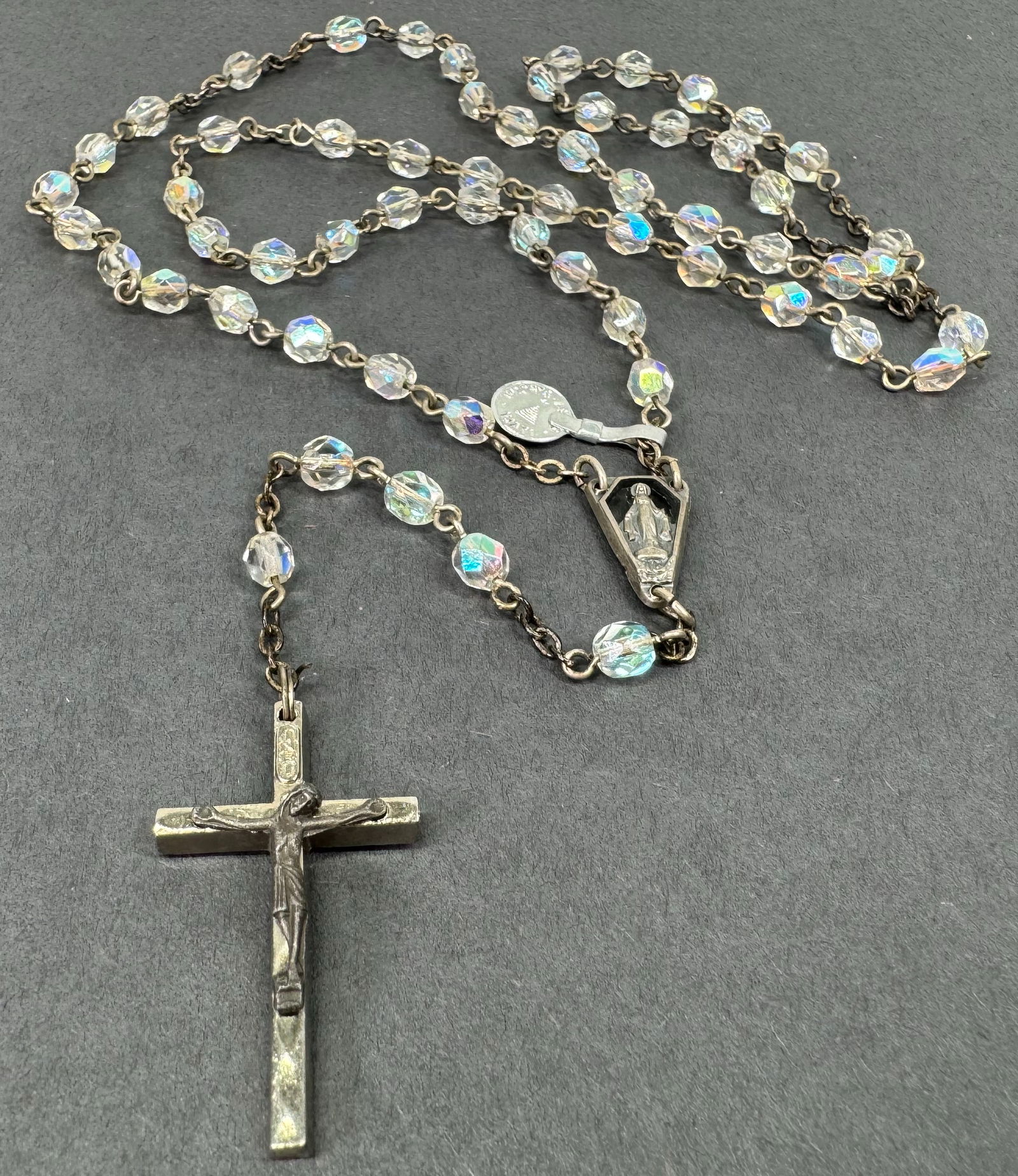 Vintage Italian Mary Immaculate Conception silvertone metal AB clear crystals beaded Rosary. Marked (1 of 12)