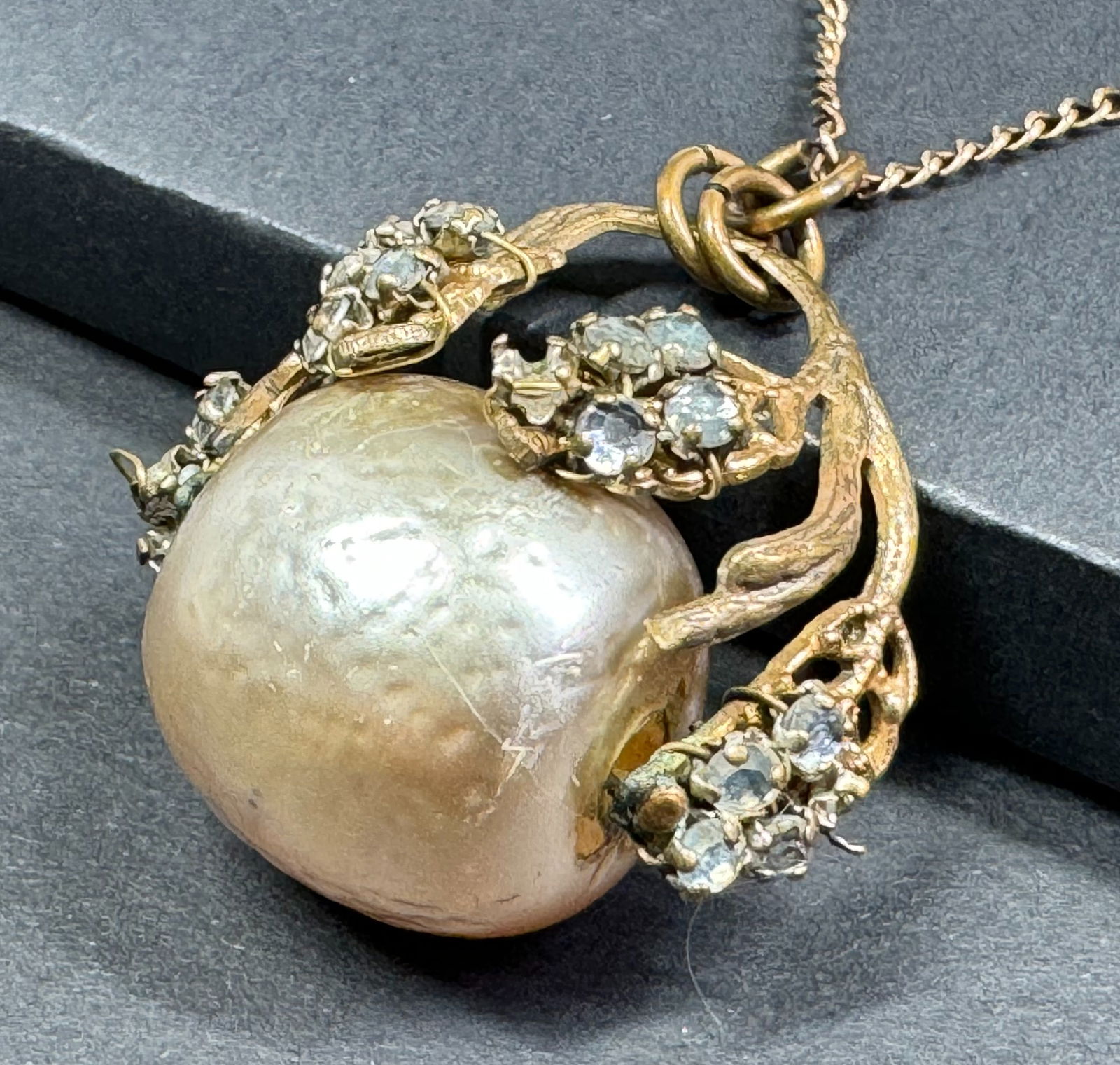 Vintage Haskell style faux baroque pearl & crystals leaves pendant gold filled chain necklace (1 of 12)