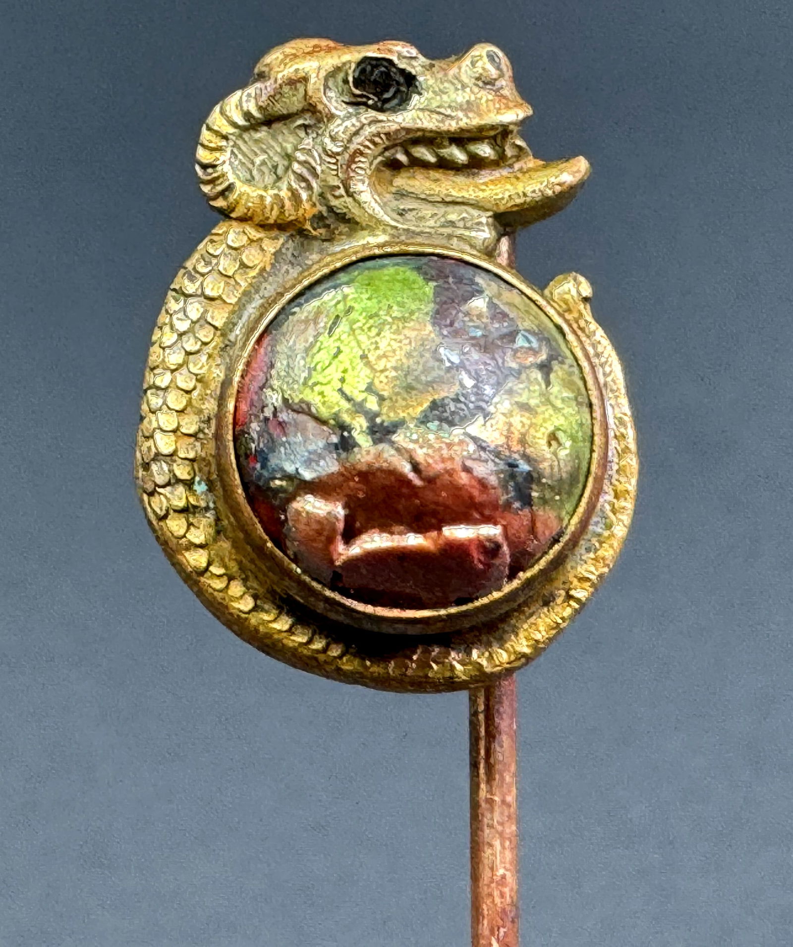 Antique gothic revival jeweled eye & belly goldtone metal dragon stick pin. (1 of 7)