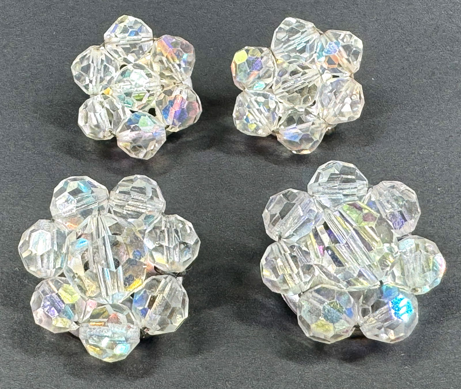 Vintage AB clear crystals wired beads silvertone metal flower clip on earrings. Lot of 2 (1 of 7)