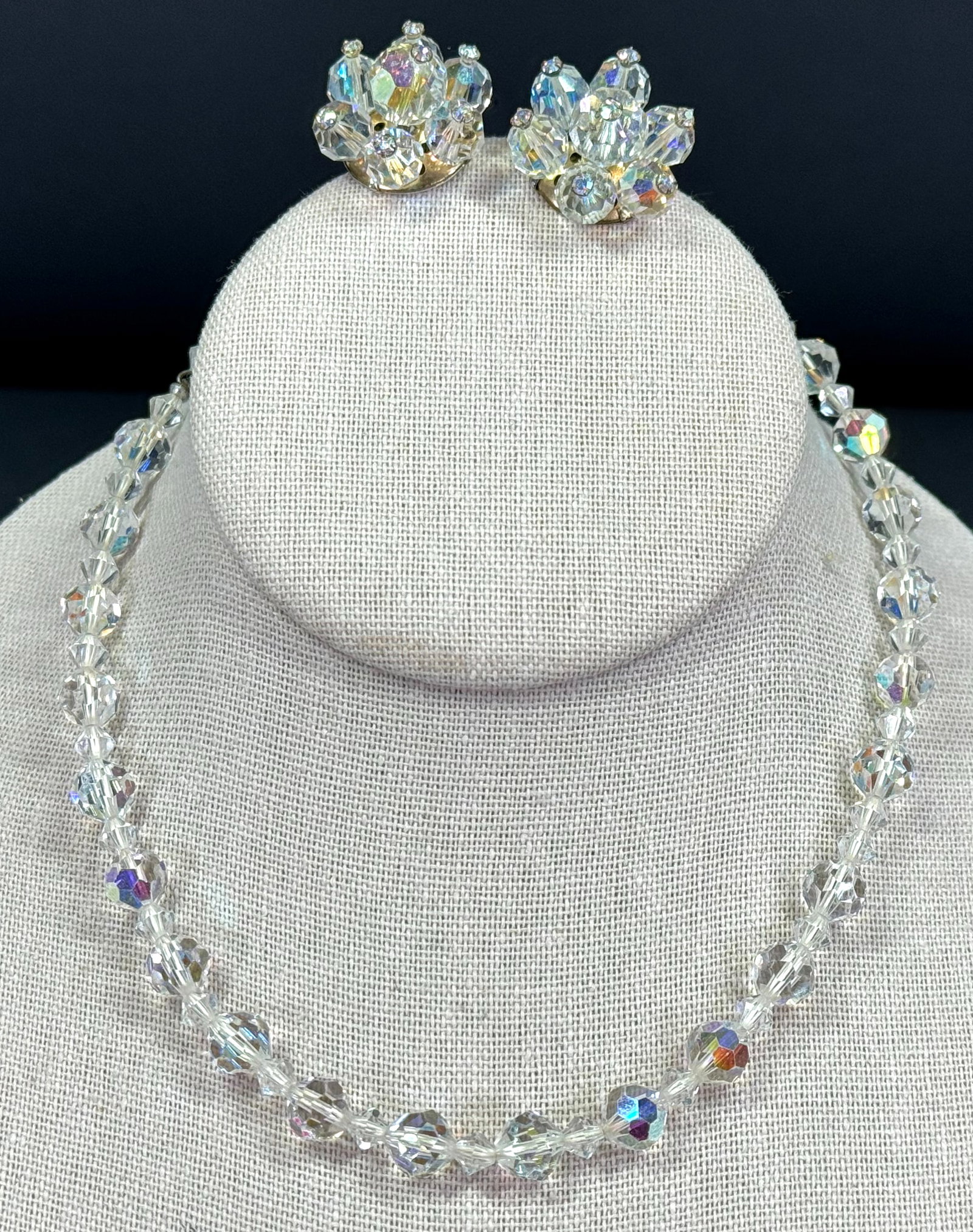 Vintage AB crystals beads choker necklace & jeweled clip on earrings.: Vintage AB crystals beads choker necklace & jeweled clip on earrings. Unmarked For measures please refer to the pictures taken with a measuring tape. Weight 35 Grams This is a NO RESERVE AUCTION: ther