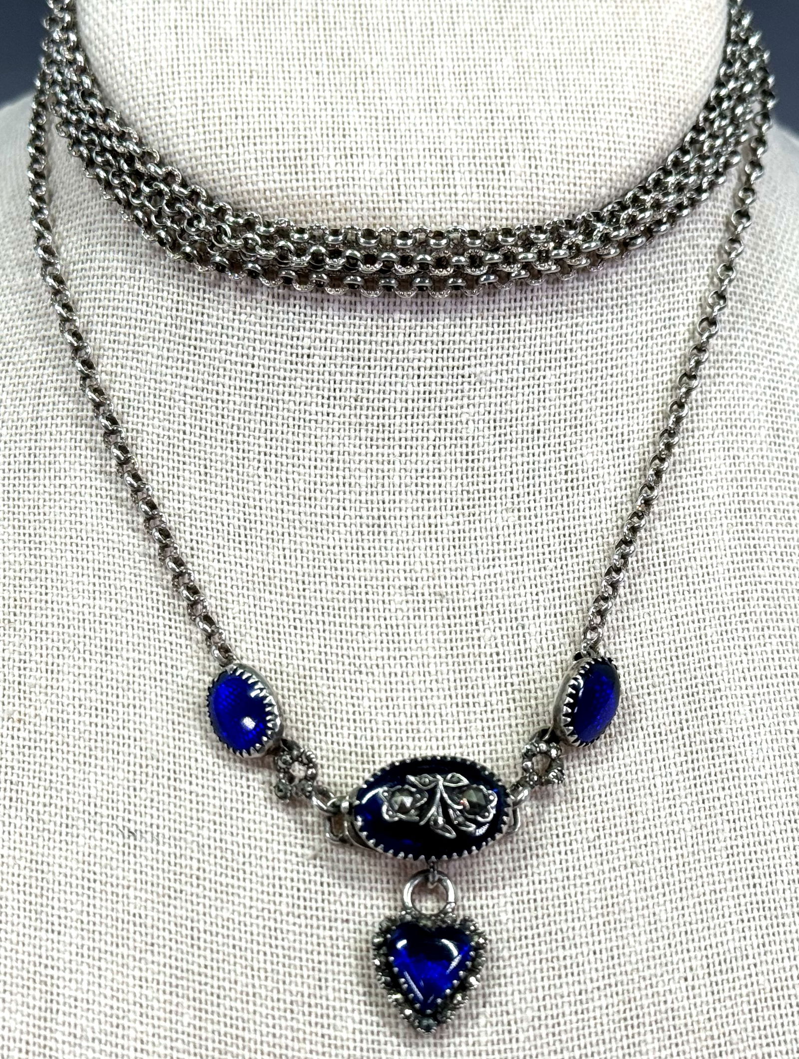 Antique art deco flapper blue glass marcasite clasp heart dangle sterling silver necklace (1 of 12)