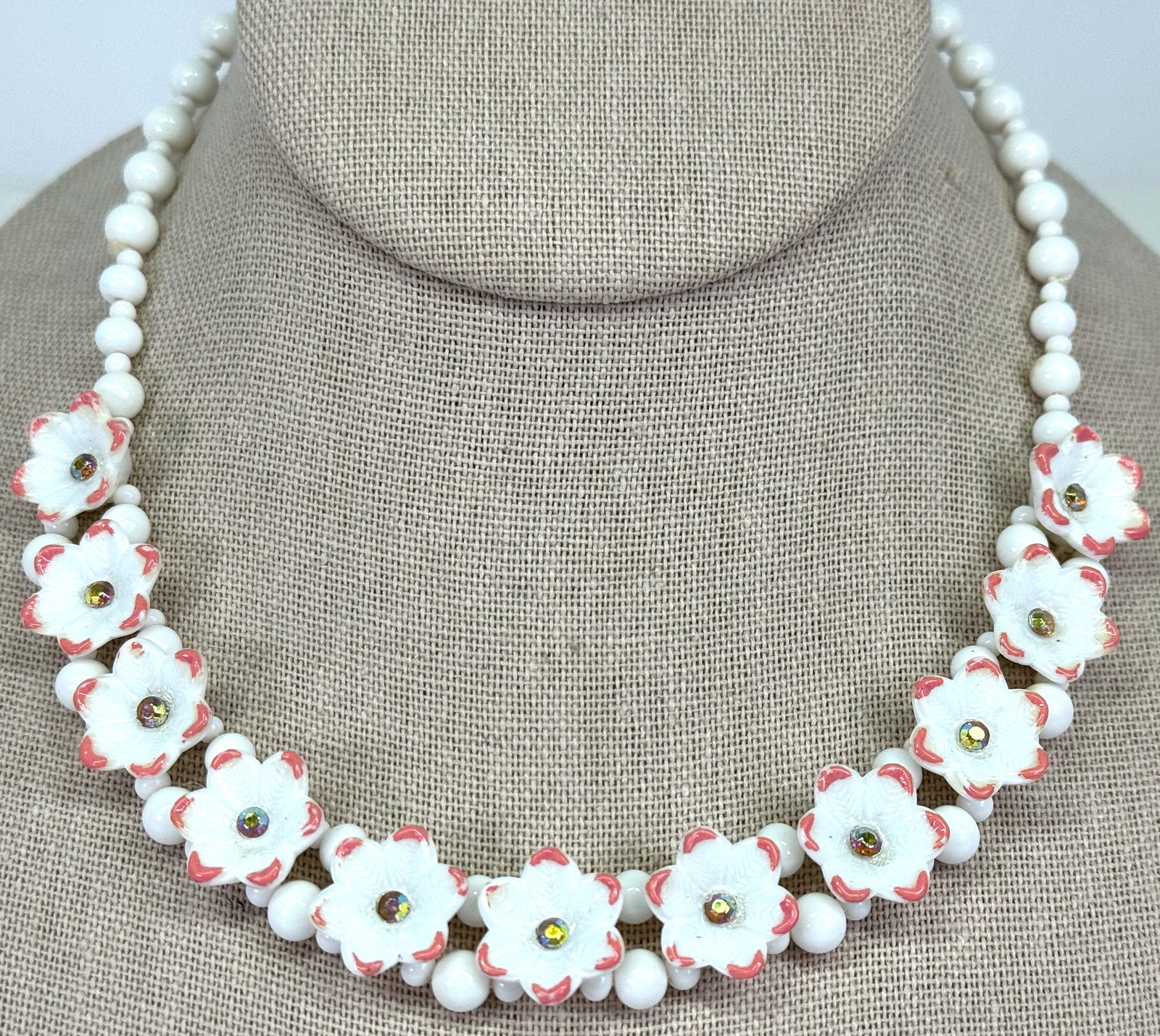 Vintage Japan AB crystals rose accents milky white flowers choker necklace.: Vintage Japan AB crystals rose accents milky white flowers & beads choker necklace. Marked Japan on clasp. For measures please refer to the pictures that were taken with a measuring tape. Weight: 28 G