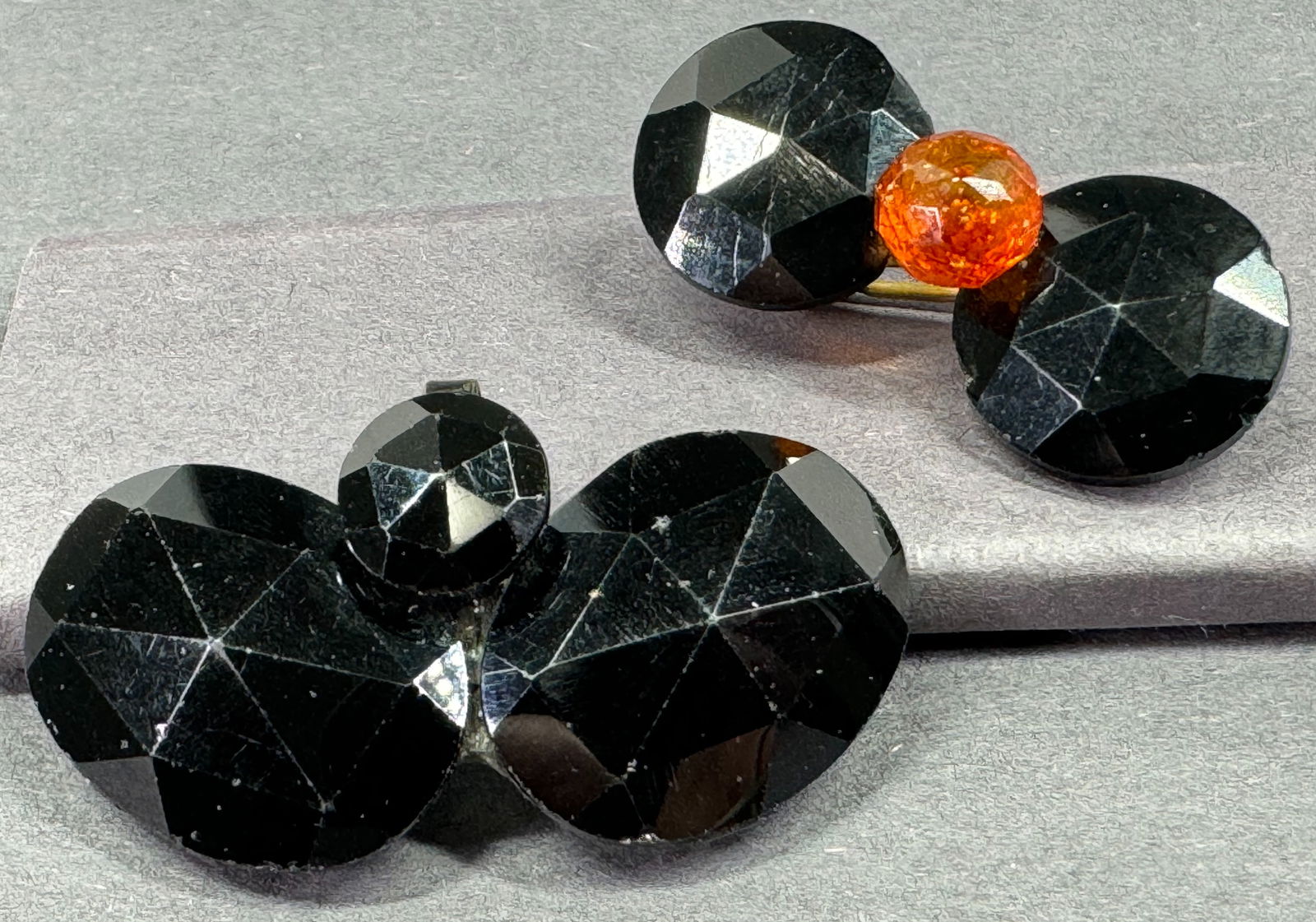 Antique Czech jet black mourning glass sewn on hanger & amber bead pin brooch. (1 of 11)