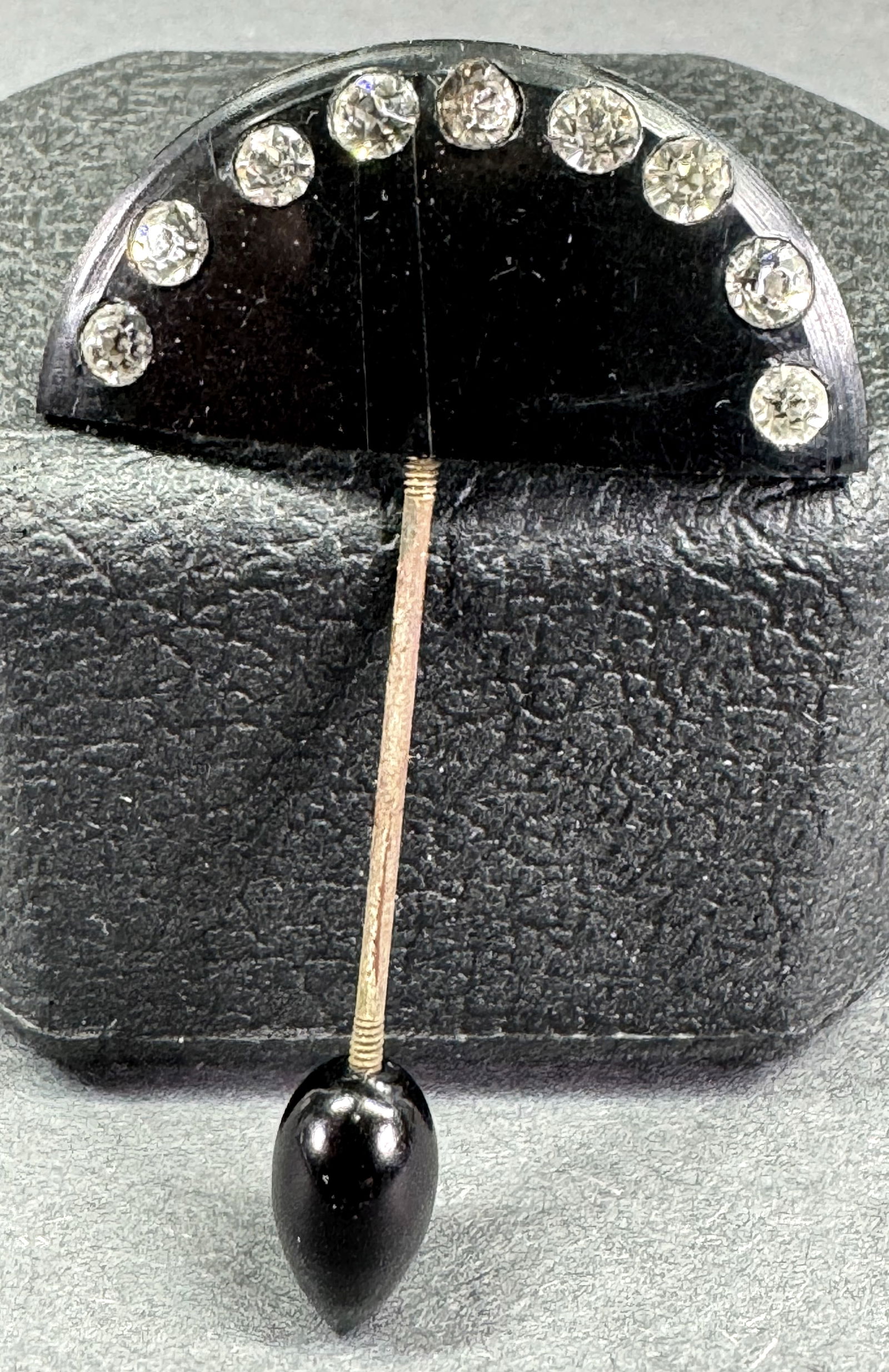 Vintage art deco clear rhinestones inlaid black celluloid jabot pin. (1 of 6)