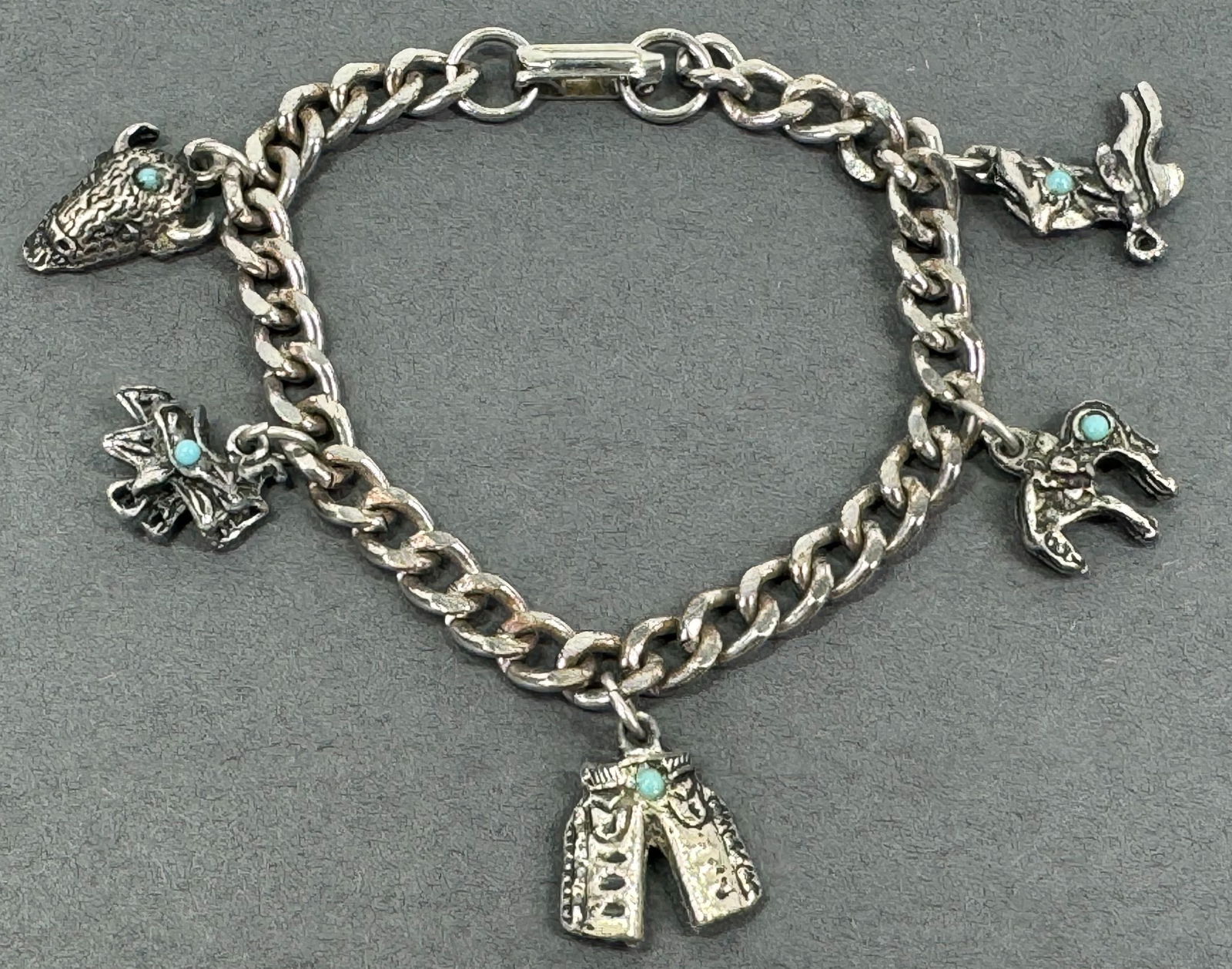 Vintage Cowboy Days Southwestern style turquoise plastic silvertone metal bracelet with charms (1 of 9)