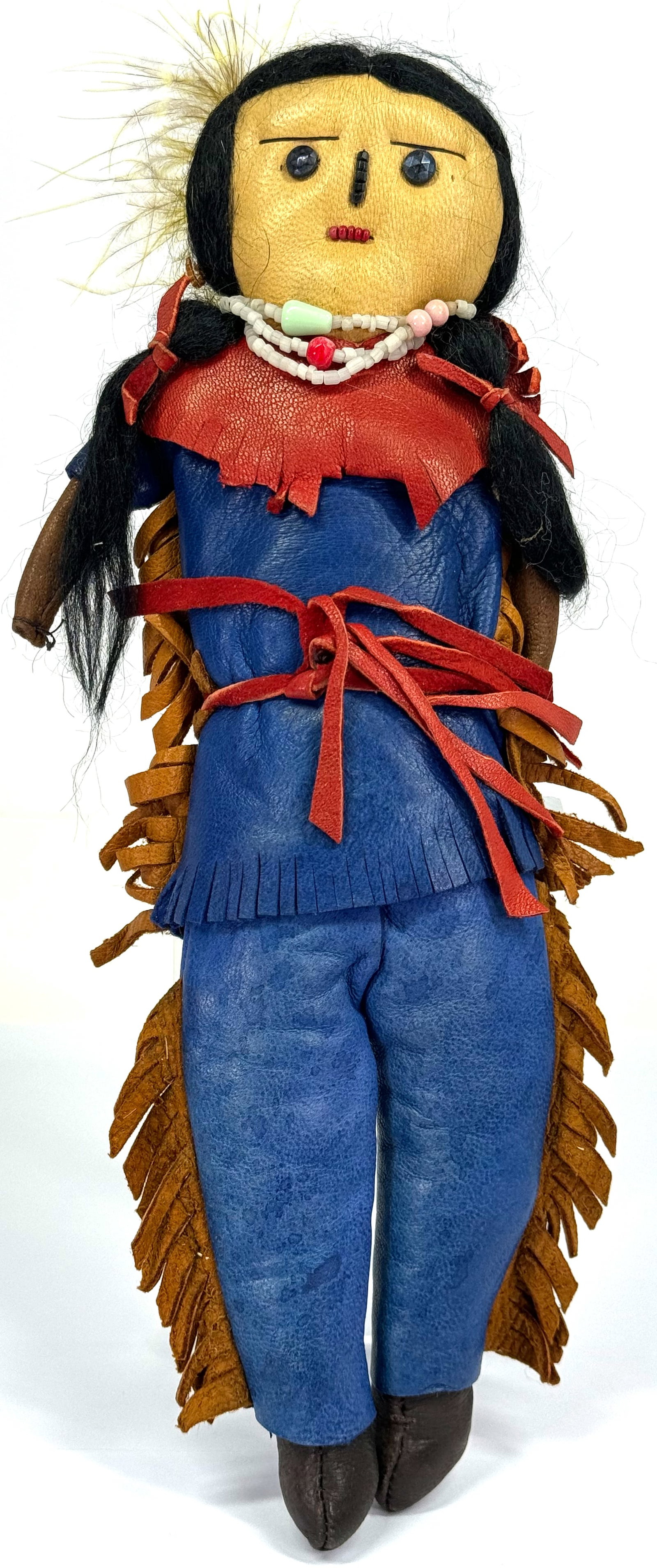 Handmade Leather Native American Doll.: Handmade Leather Native American Doll. Glass beaded necklace, eyes, nose & mouth. For measures please refer to the pictures taken with a measuring tape. Weight: 75 Grams. This is a NO RESERVE AUCTION: