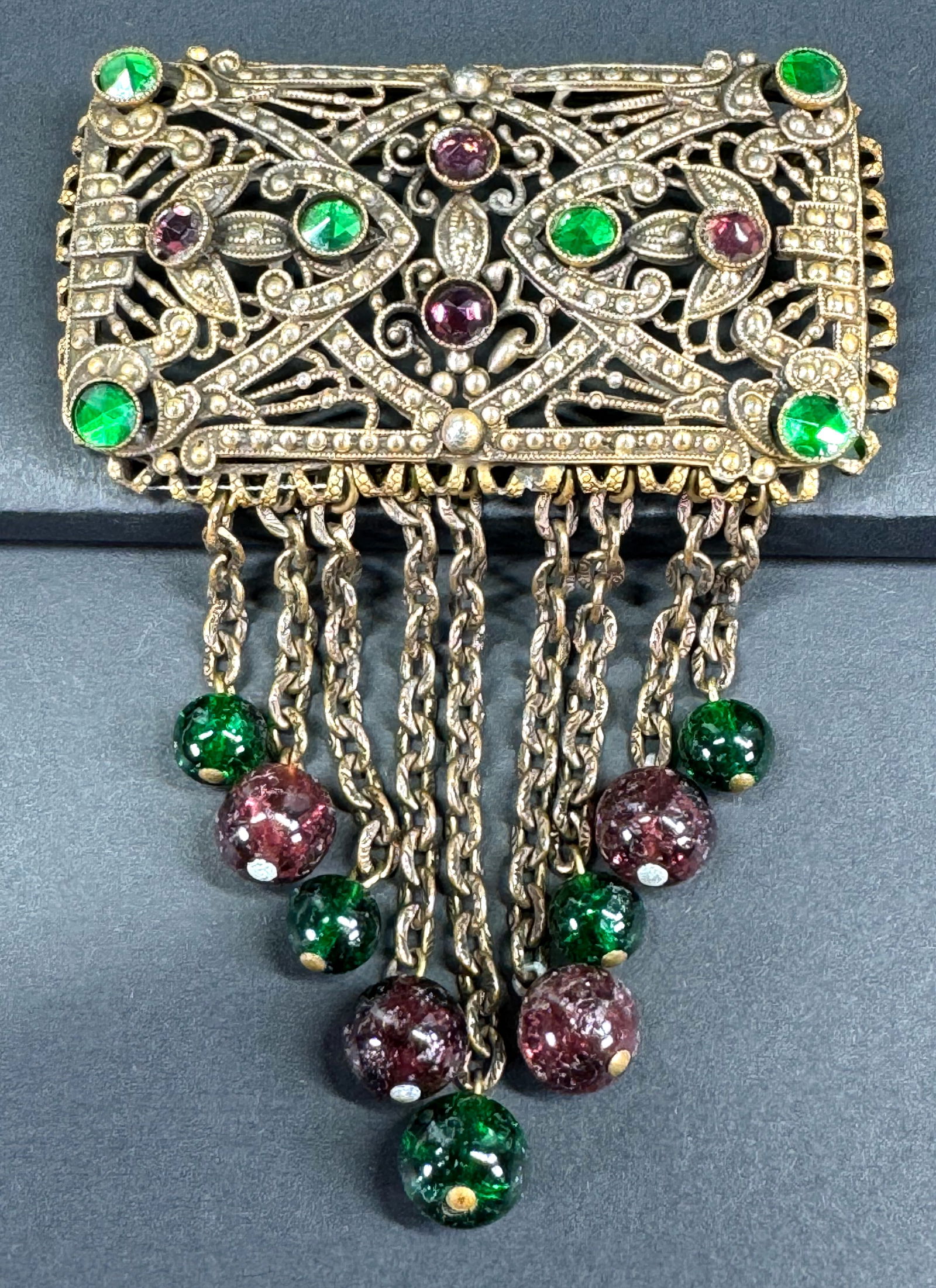 Antique Czech vauxhall glass filigree with beads dangles large Devant de Corsage Brooch (1 of 9)