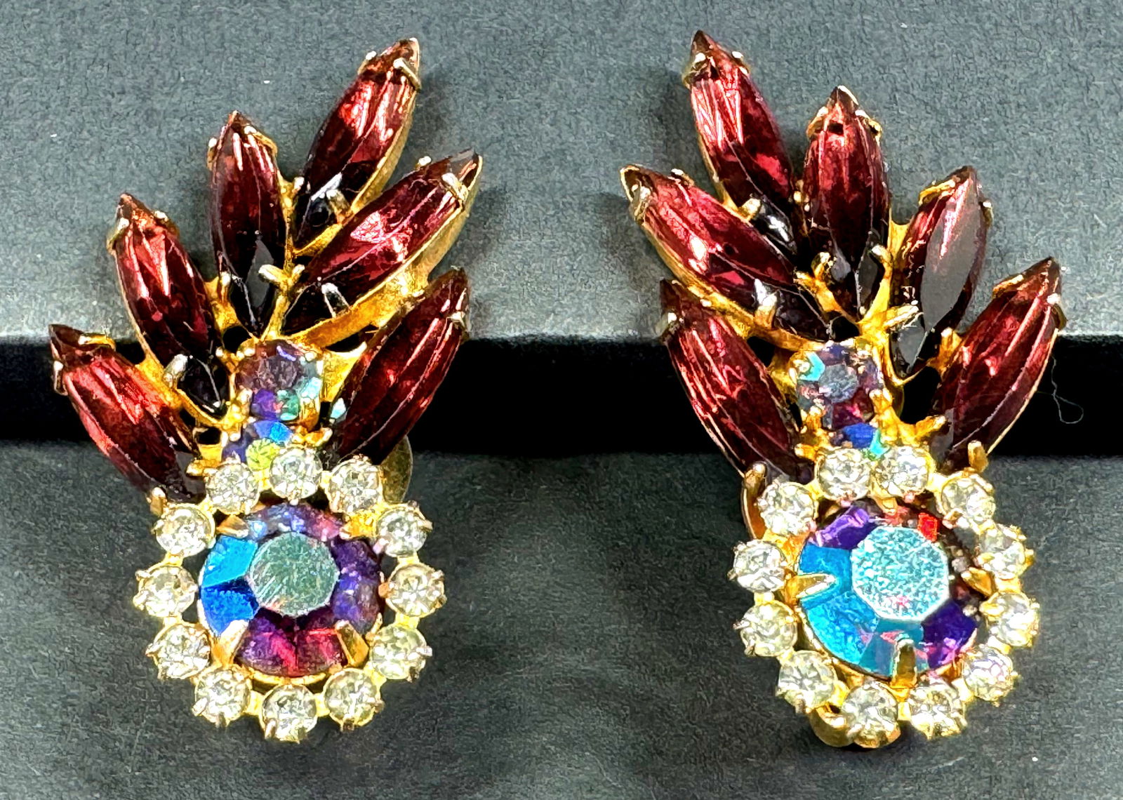 Vintage Juliana style AB & color crystals flower & leaves goldtone metal clip earrings. (1 of 6)