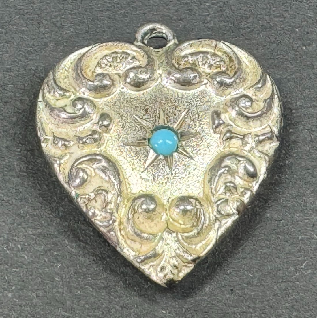 Antique WWII sweetheart  star scrolls sterling silver nomogrammed CG heart charm pendant. (1 of 6)