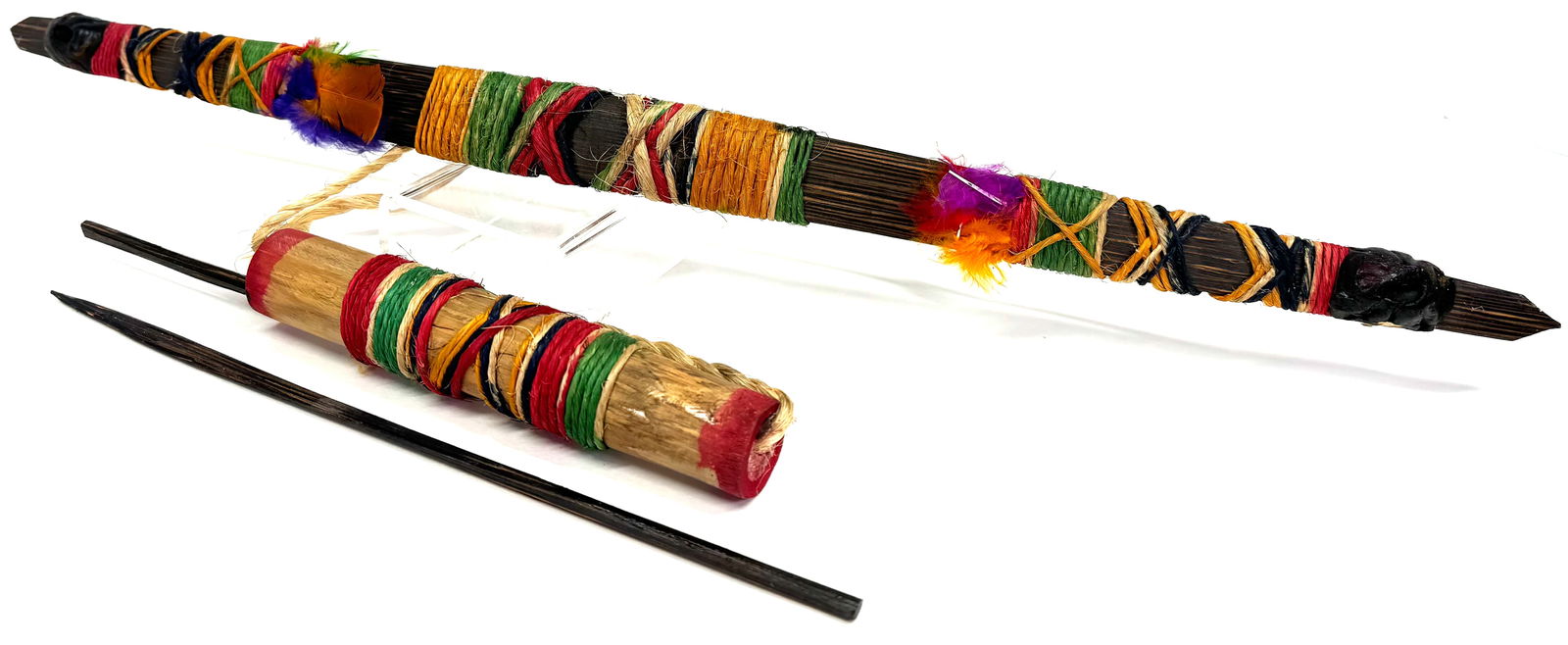 Amazonian Shuar Children Small Training/Playing Bow, Quiver and 2 arrows.: Amazonian Shuar Children Small Training/Playing Bow, Quiver and 2 arrows. Chonta wood, fibers, resin, feathers, bamboo. Bow is 23 inches long and 1 1/2 maximun width. Quiver is 6 3/4 inches long and 1