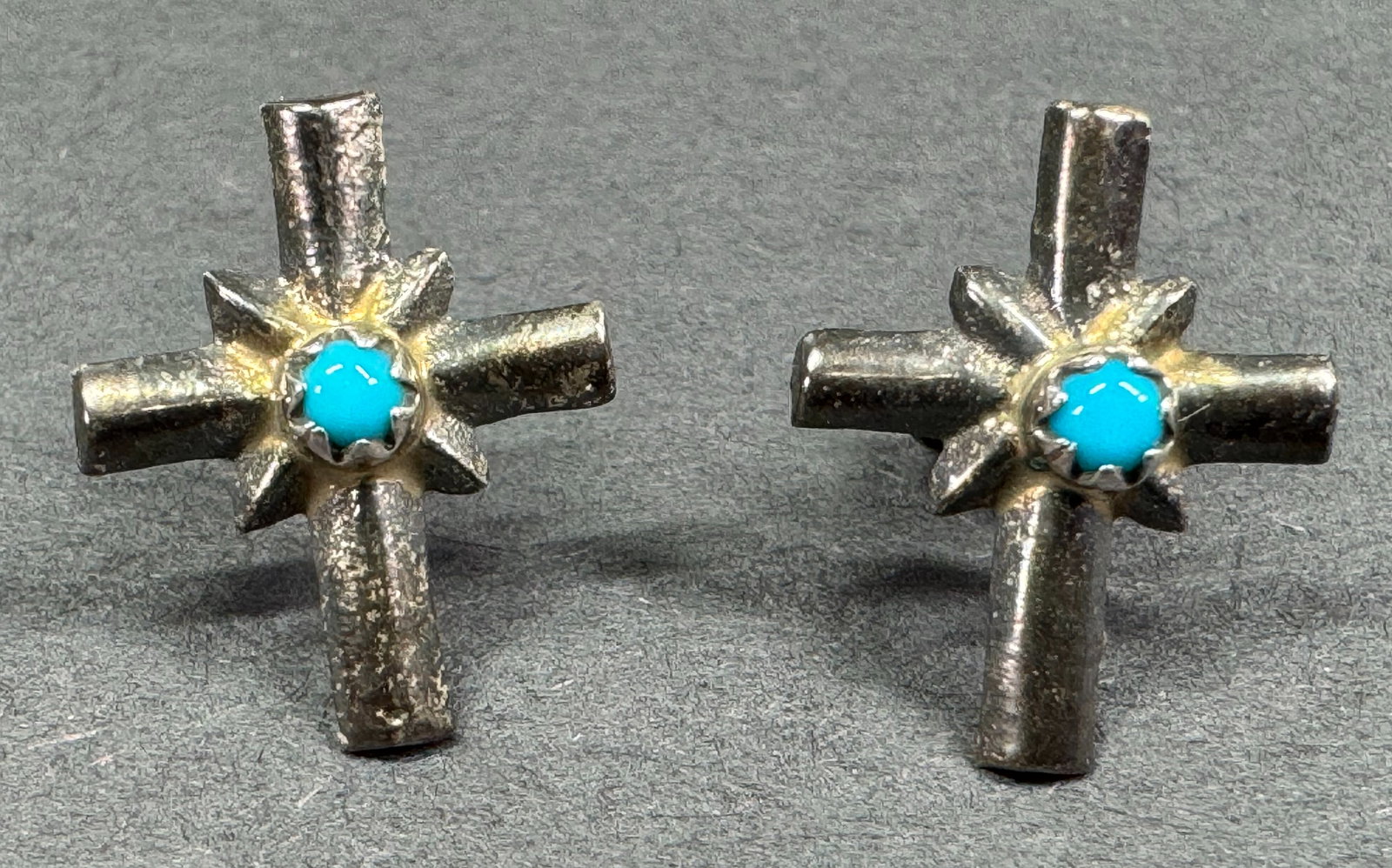 Vintage Southwestern Style eye snake turquoise glass sterling silver cross shaped stud earrings. (1 of 5)