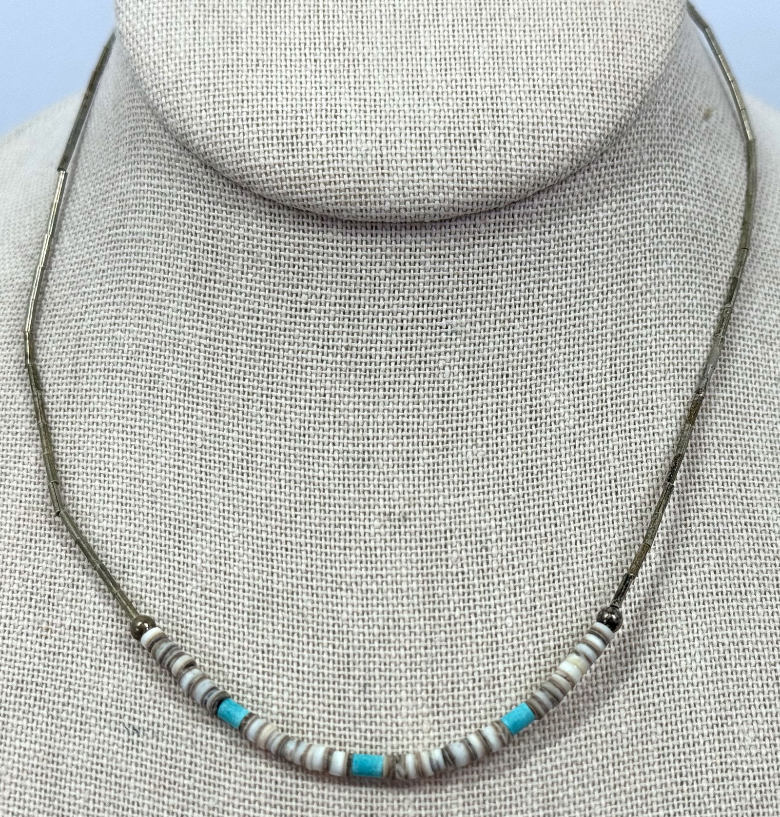 Vintage native american turquoise stone, shell heishi & liquid silver beaded choker necklace (1 of 8)