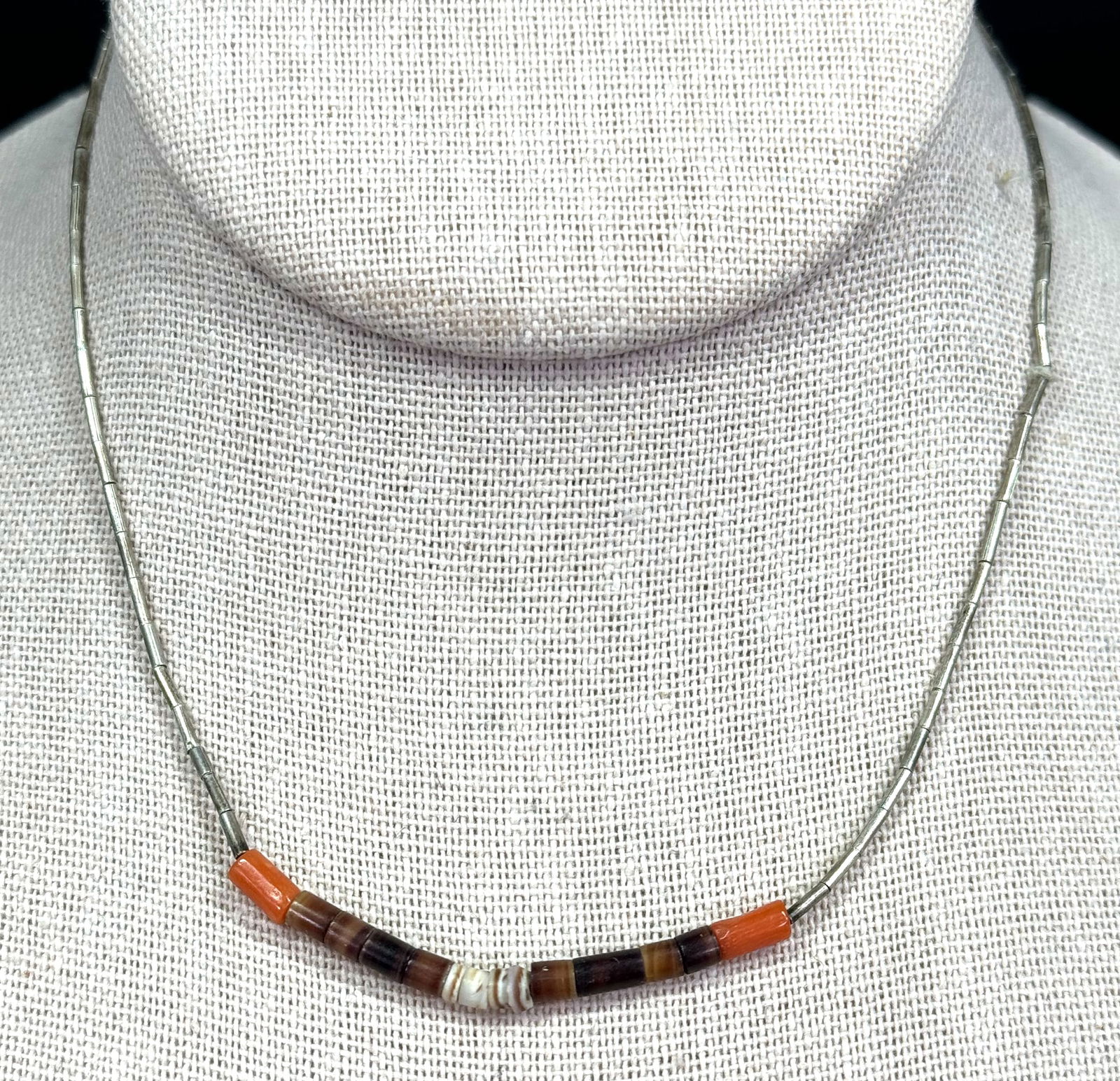 Vintage native american orange spiny oyster,shell heishi  & liquid silver beaded choker necklace (1 of 11)