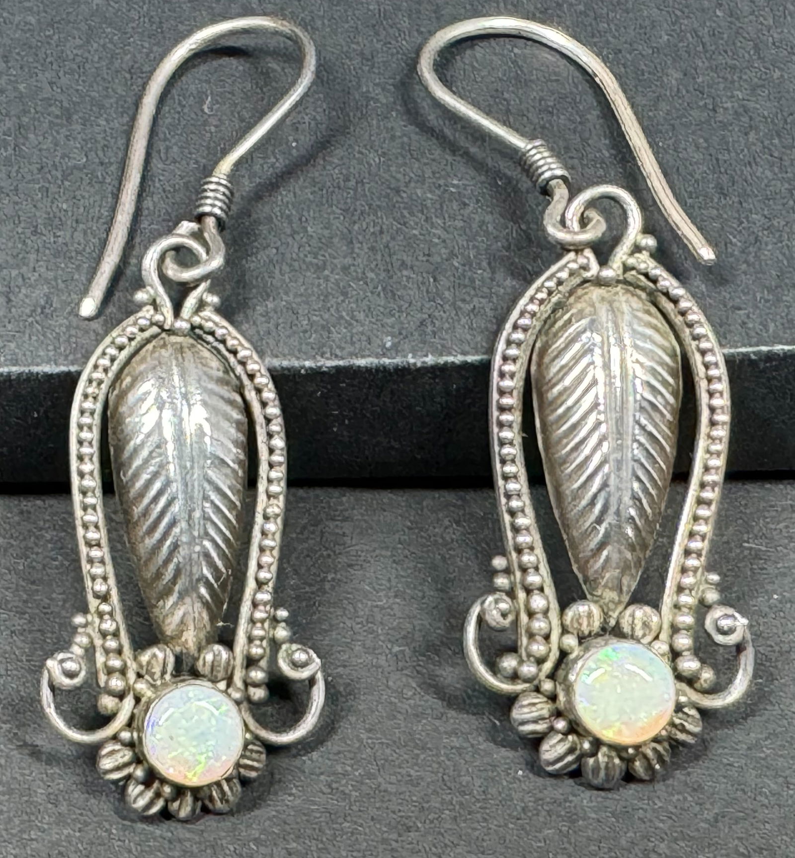 Vintage native american style opal cab sterling silver dangle hook earrings. (1 of 4)