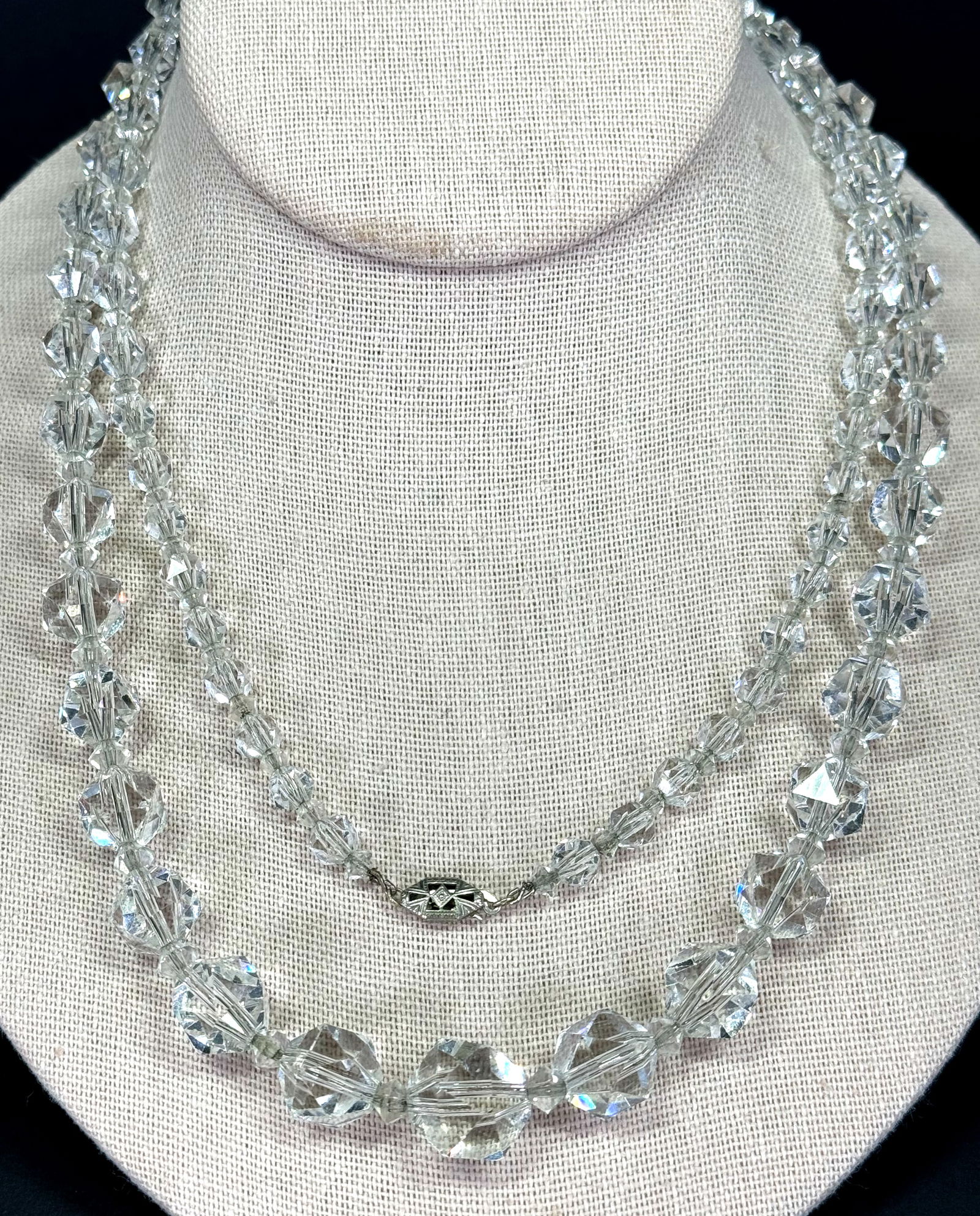 Antique art deco graduated faceted clear crystal beaded necklace. Chain string. (1 of 13)