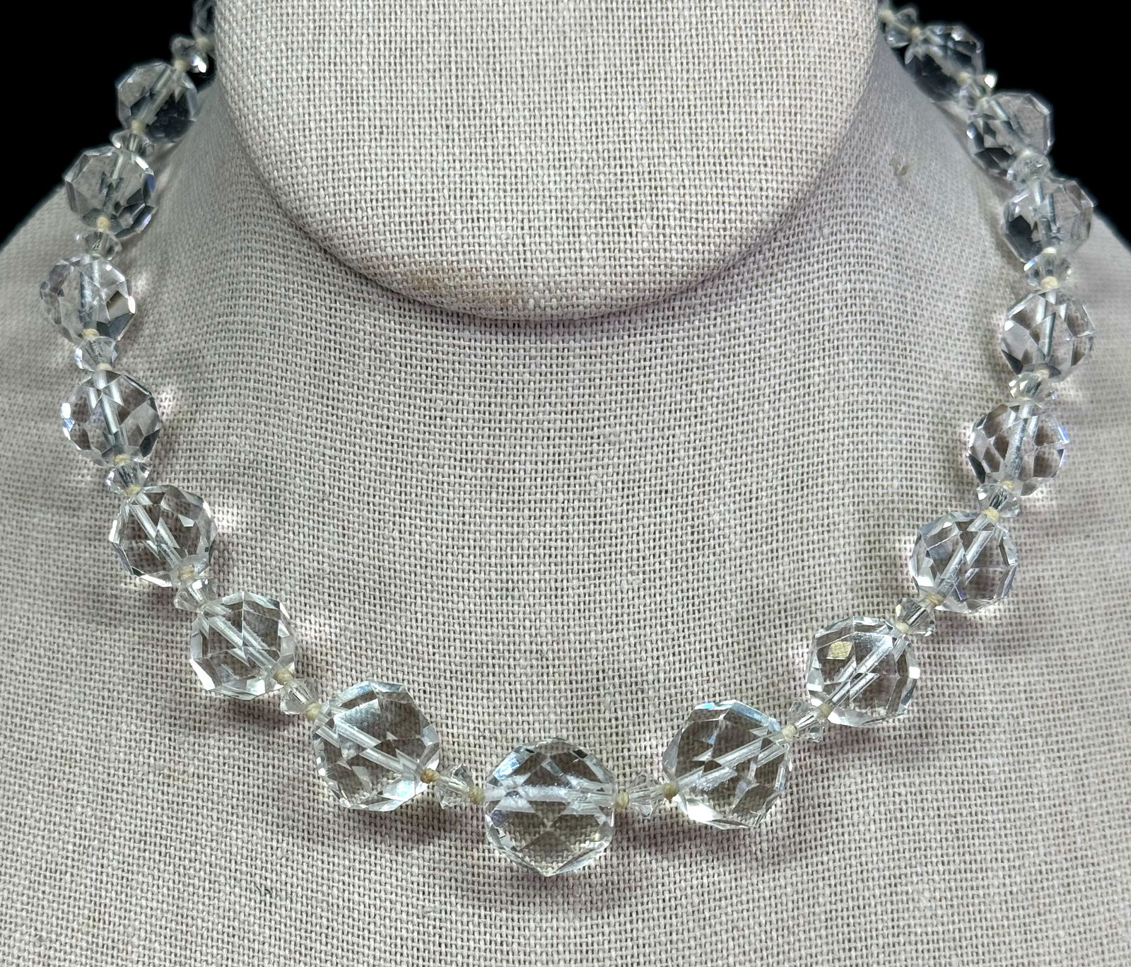 Antique filigree sterling clasp graduated faceted clear crystal beaded necklace. (1 of 10)