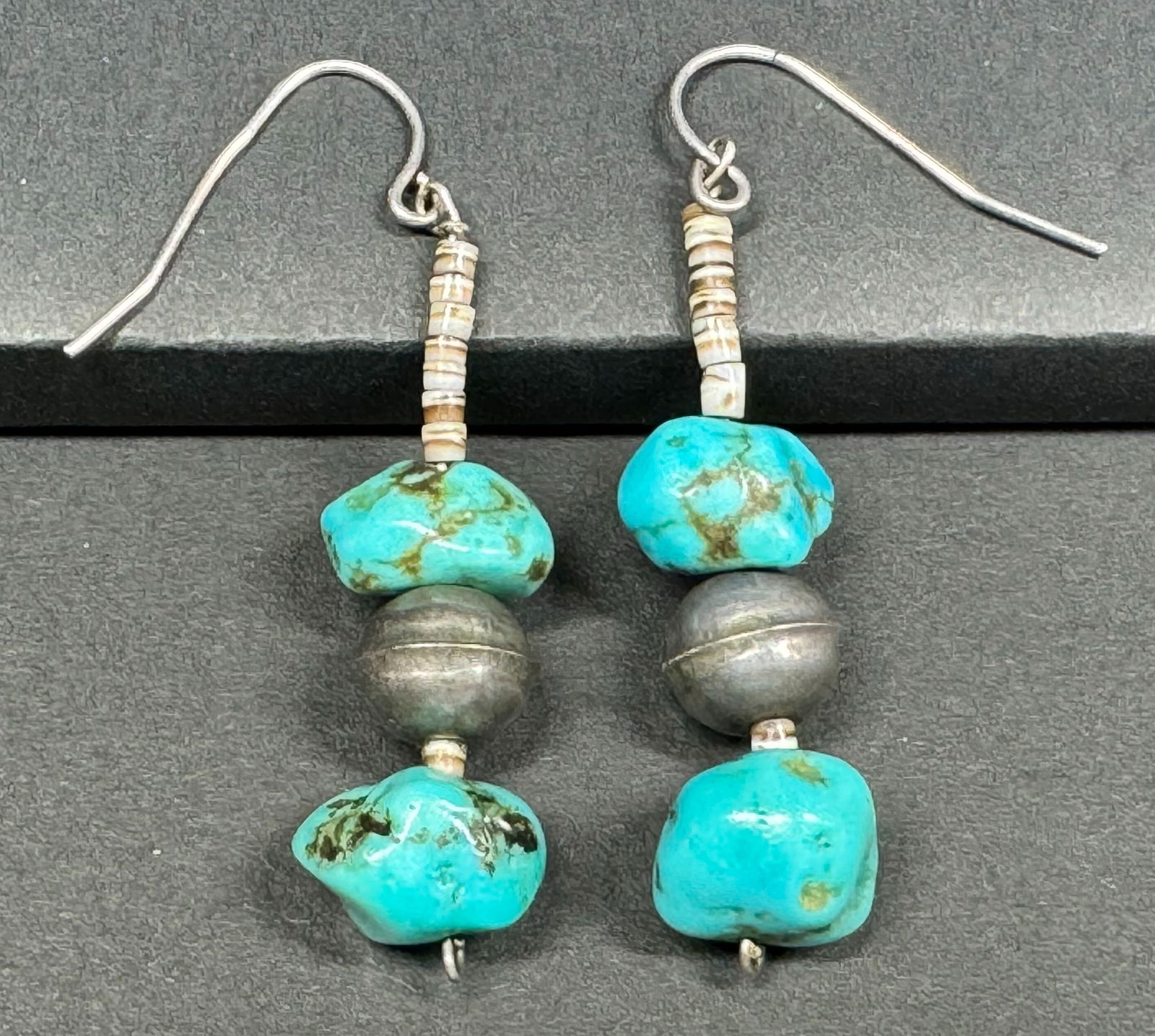 Vintage native american turquoise nuggets, sterling ball & heishi shell beads hook earrings. (1 of 8)