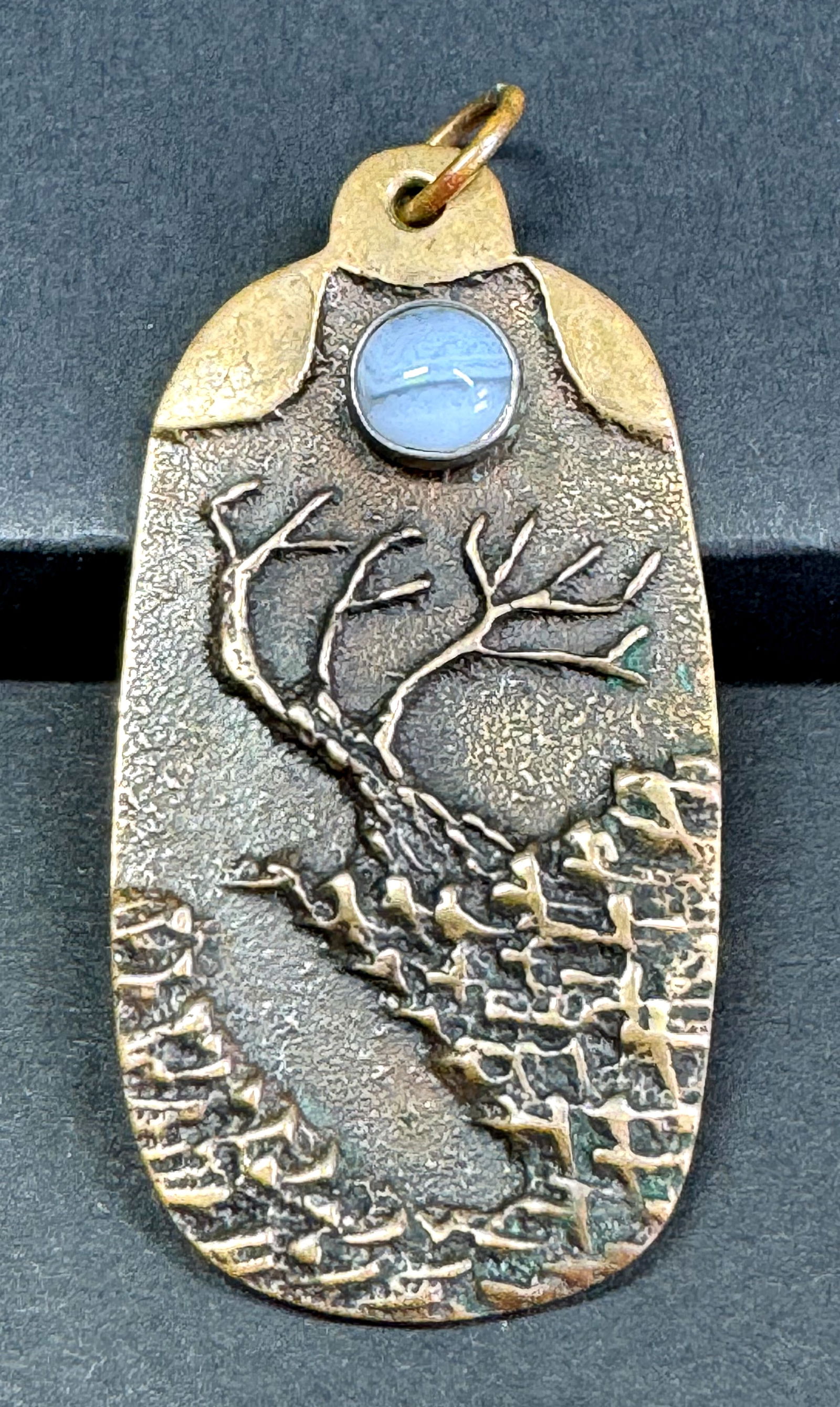 Vintage Cluff  brutalist handcrafted landscape with agate stone full moon bronze pendant. (1 of 6)