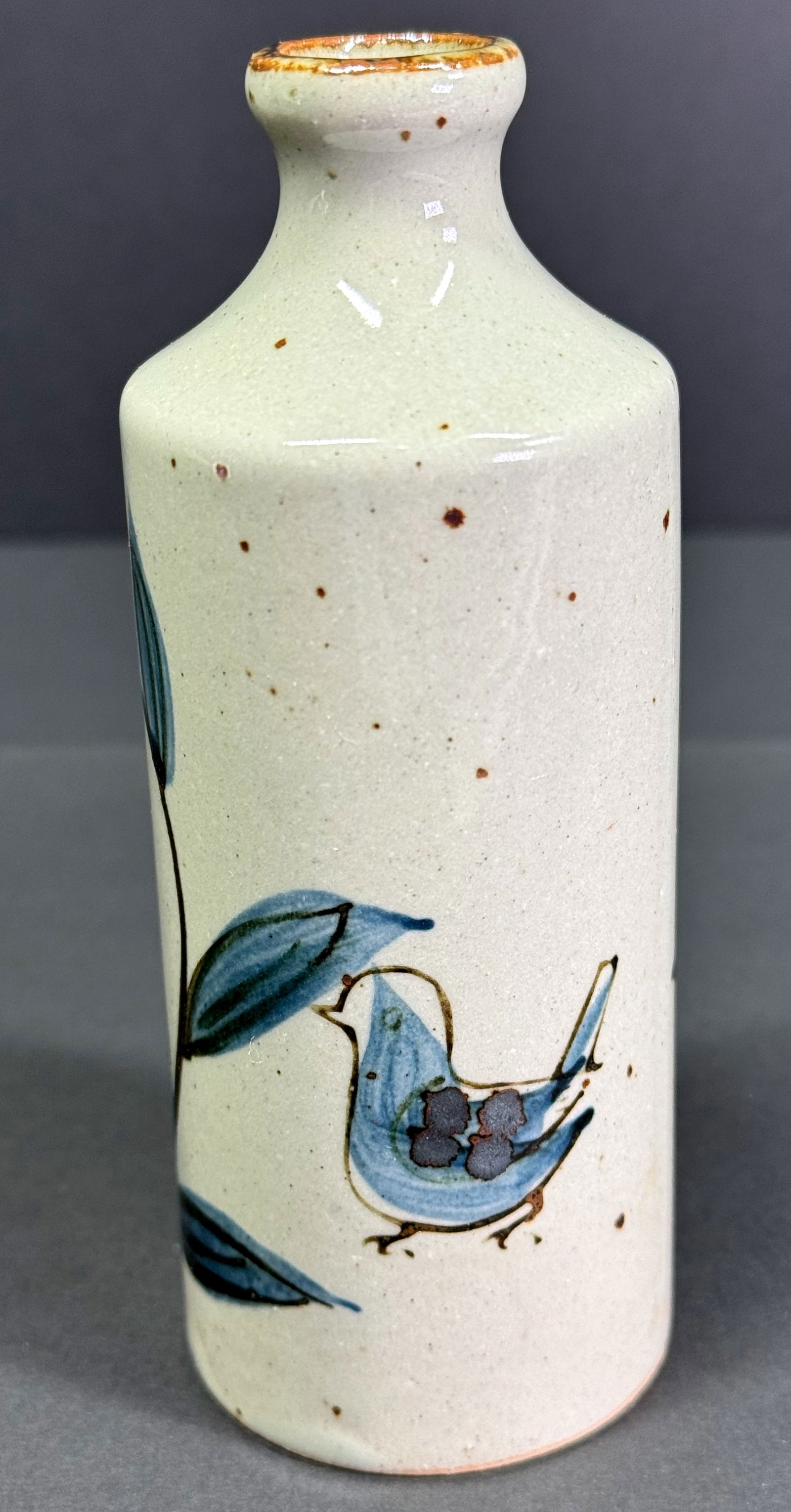 Vintage Japanese hand painted bird, flower & leaves stoneware small vase. (1 of 7)