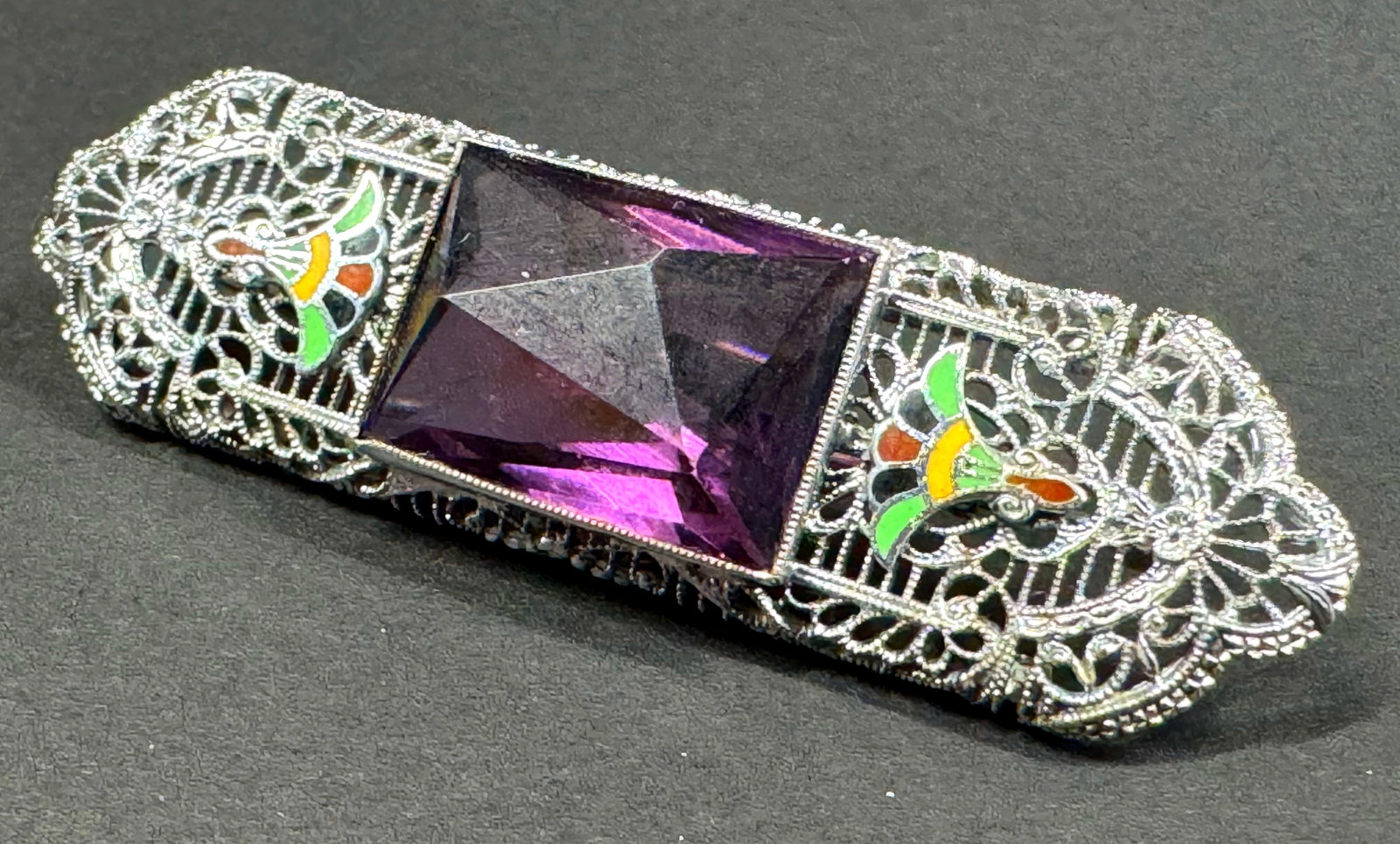 Antique art deco open back purple crystal enamel royal lotus filigree sterling pin brooch. (1 of 10)