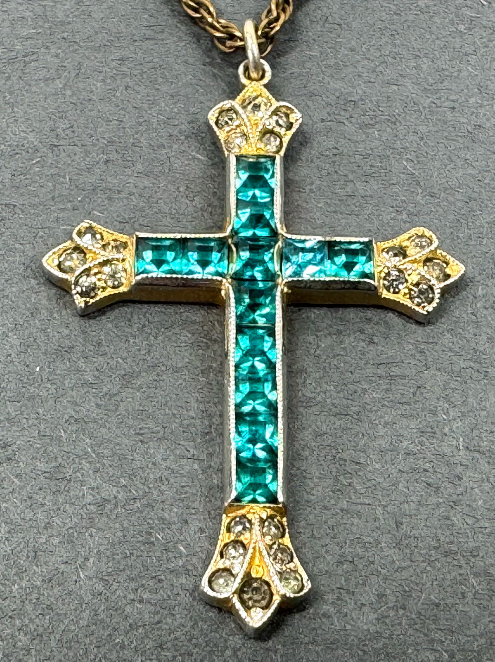 Vintage turquoise aqua crystals & clear rhinestones goldtone cross pendant (1 of 7)