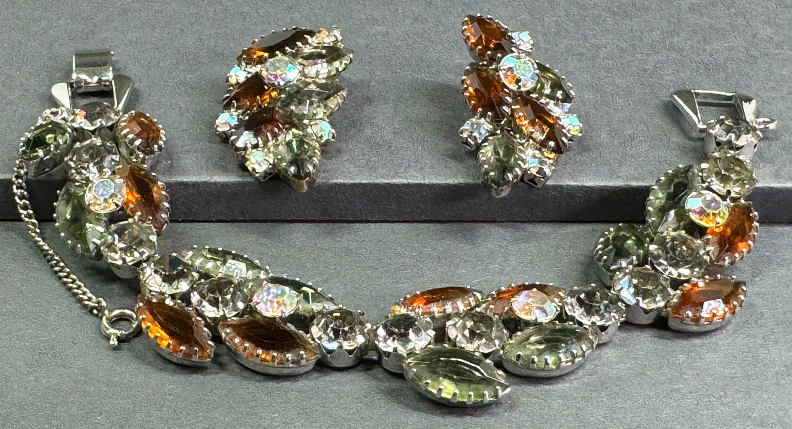 Vintage Juliana fall colors open back & AB crystals silvertone metal bracelet and earrings (1 of 14)