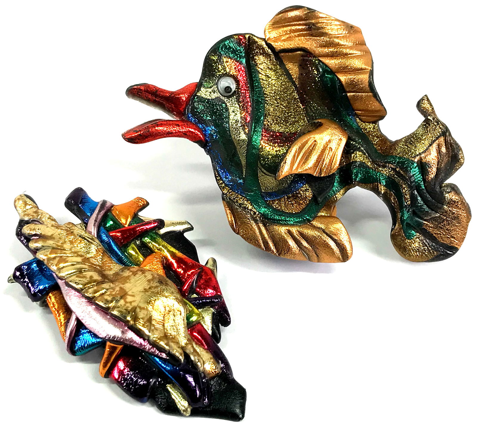 Artsy dichroic polymer clay google eye fish & abstract pin brooches: Artsy dichroic metallic color molded polymer clay google eye big fish & abstract pin brooches. The abstract one is signed. For measures please refer to the picture taken with a measuring tape. Weight: