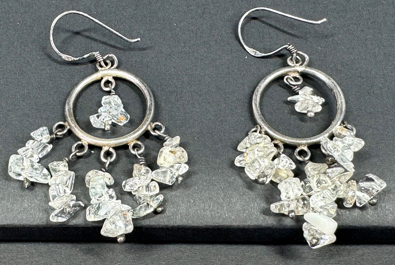 Vintage quartz stone chips beaded dangles sterling silver hook earrings. (1 of 6)