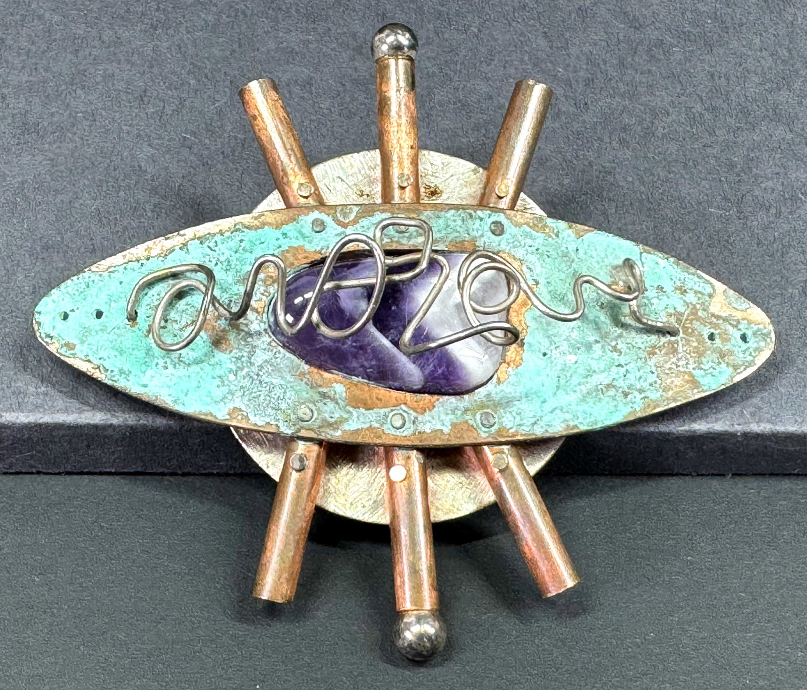 Vintage 1990s Beth Piver Hand Carfted Marbled Purple Stone Mixed Metals Techno Steampunk pin brooch.: Vintage 1990s Beth Piver Hand Carfted Marbled Purple Stone Mixed Metals Techno Steampunk pin brooch. Marked. For measures please refer to the pictures taken with a measuring tape. Weight 23 Grams. Thi