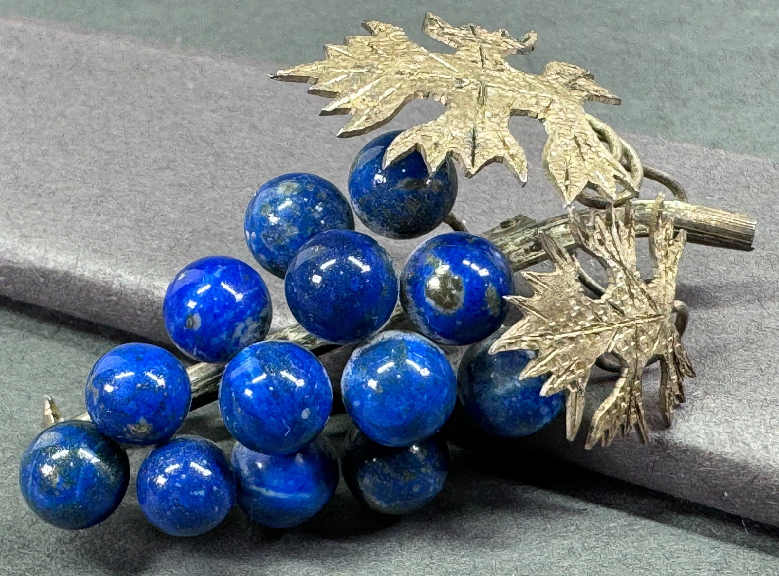 Vintage Morita Gil Chile  handmade lapis and sterling silver grape cluster engraved leaves pin brooc (1 of 7)