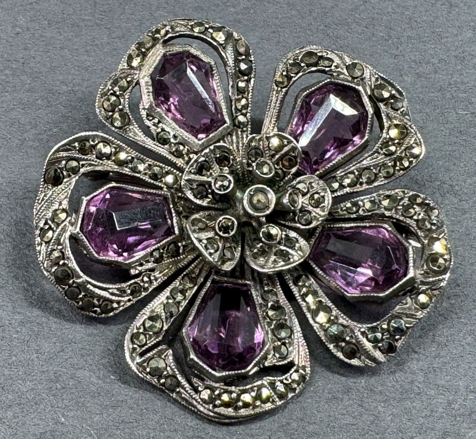 Antique art deco open back amethyst color crystals marcasites sterling silver flower pin brooch (1 of 9)