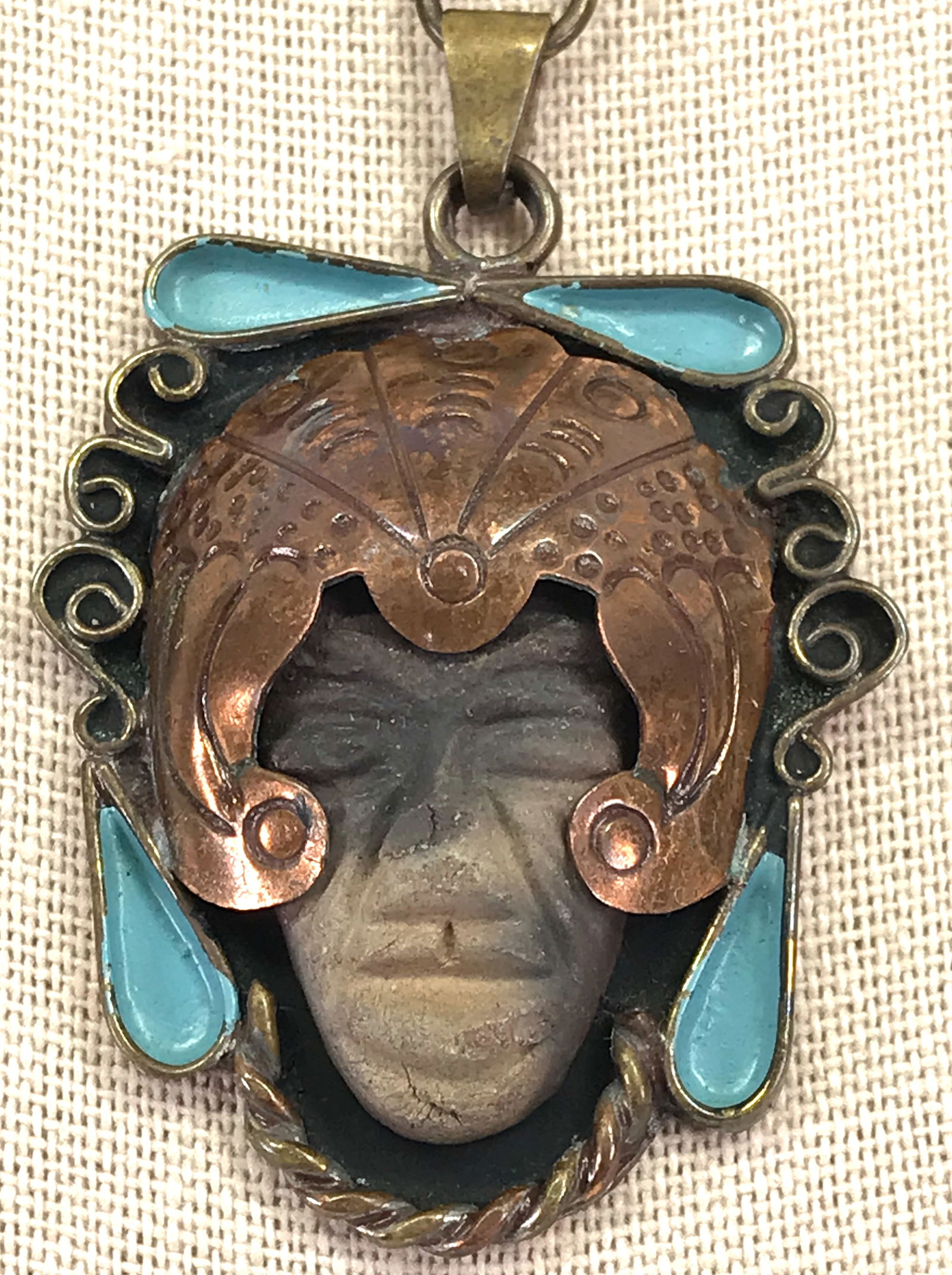 Vintage Casa Maya style pottery face enamel copper face necklace (1 of 12)