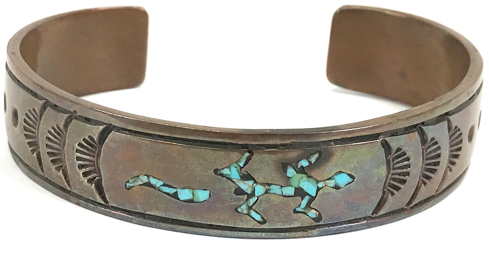 Vintage Navajo Marked CH inlaid turquoise gecko copper cuff bracelet. (1 of 11)