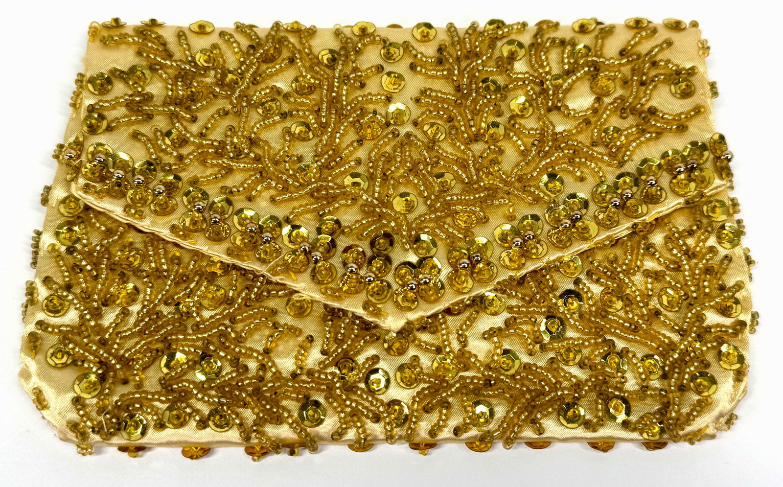 Vintage hand embroidery golden sequins &  glass beads satin clutch purse. (1 of 11)