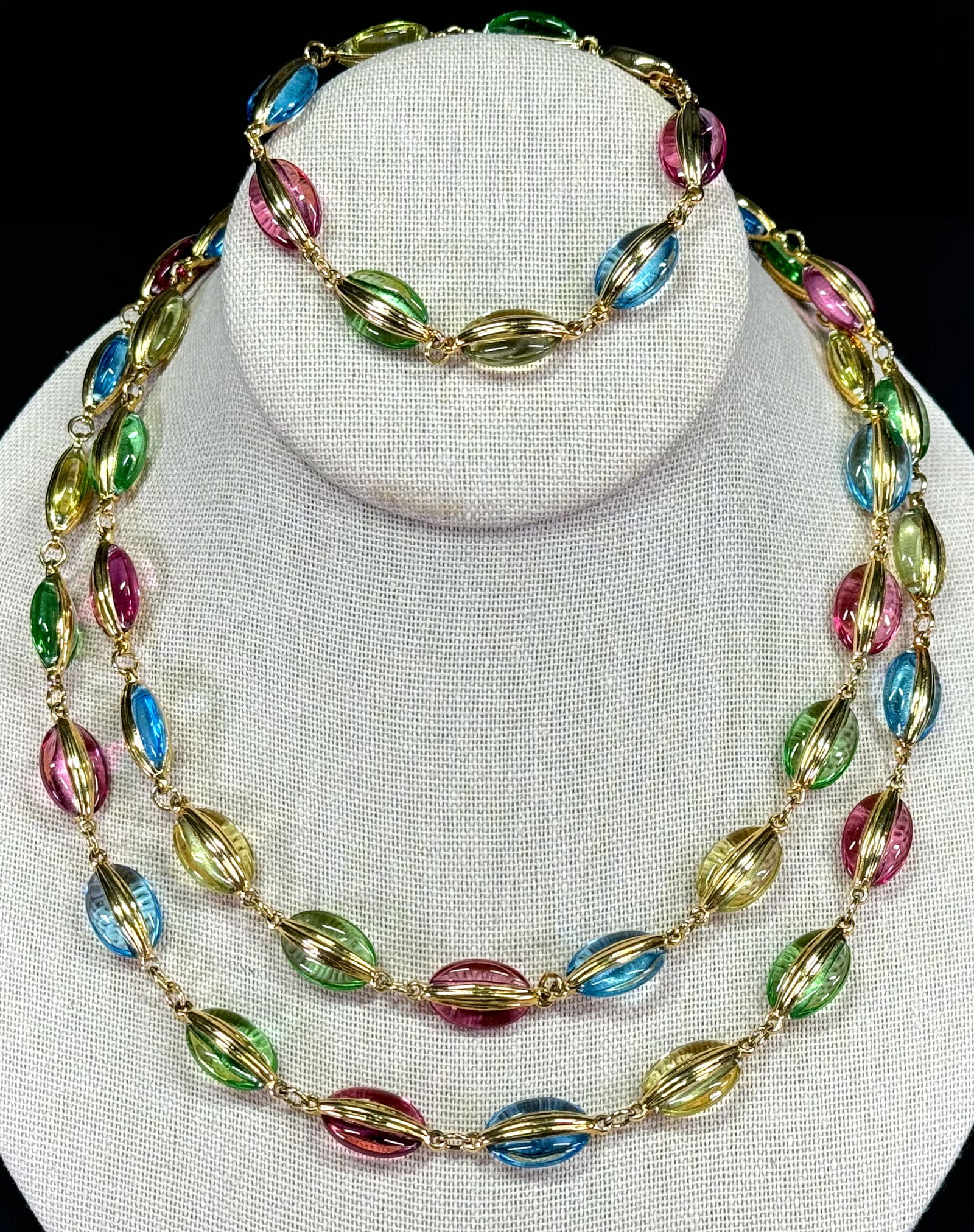 Vintage 1980s Swarovski  double dome color crystals goldtone metal necklace & bracelet. Swan Mark. (1 of 16)