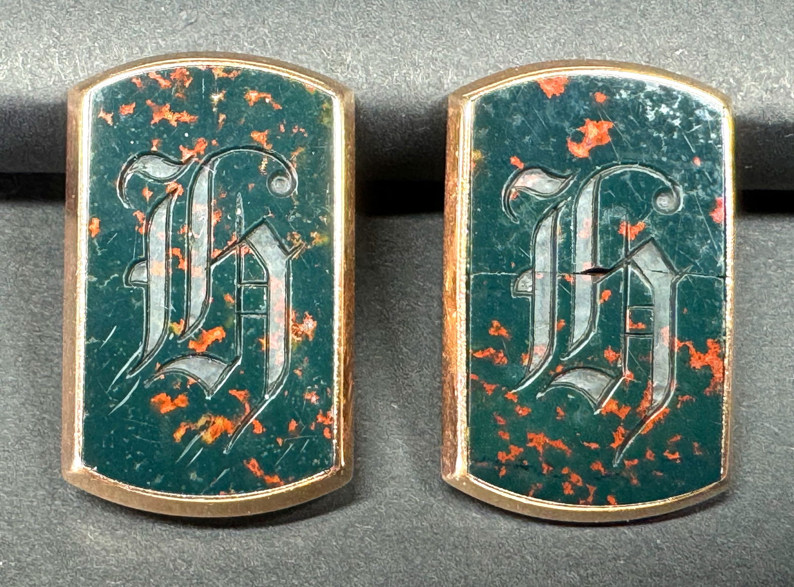 Antique Victorian 14K Rose Gold Bloodstone Cufflinks. Monogrammed H. (1 of 9)