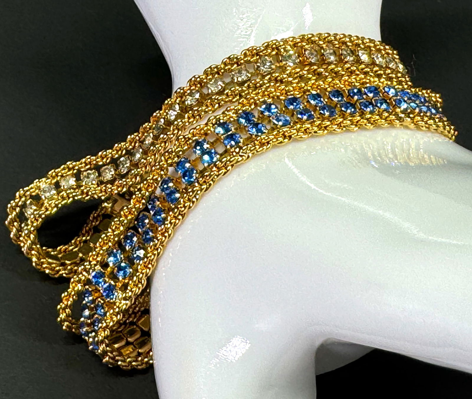Assorted blue & clear rhinestones goldtone metal chains wavy bracelets. (1 of 10)