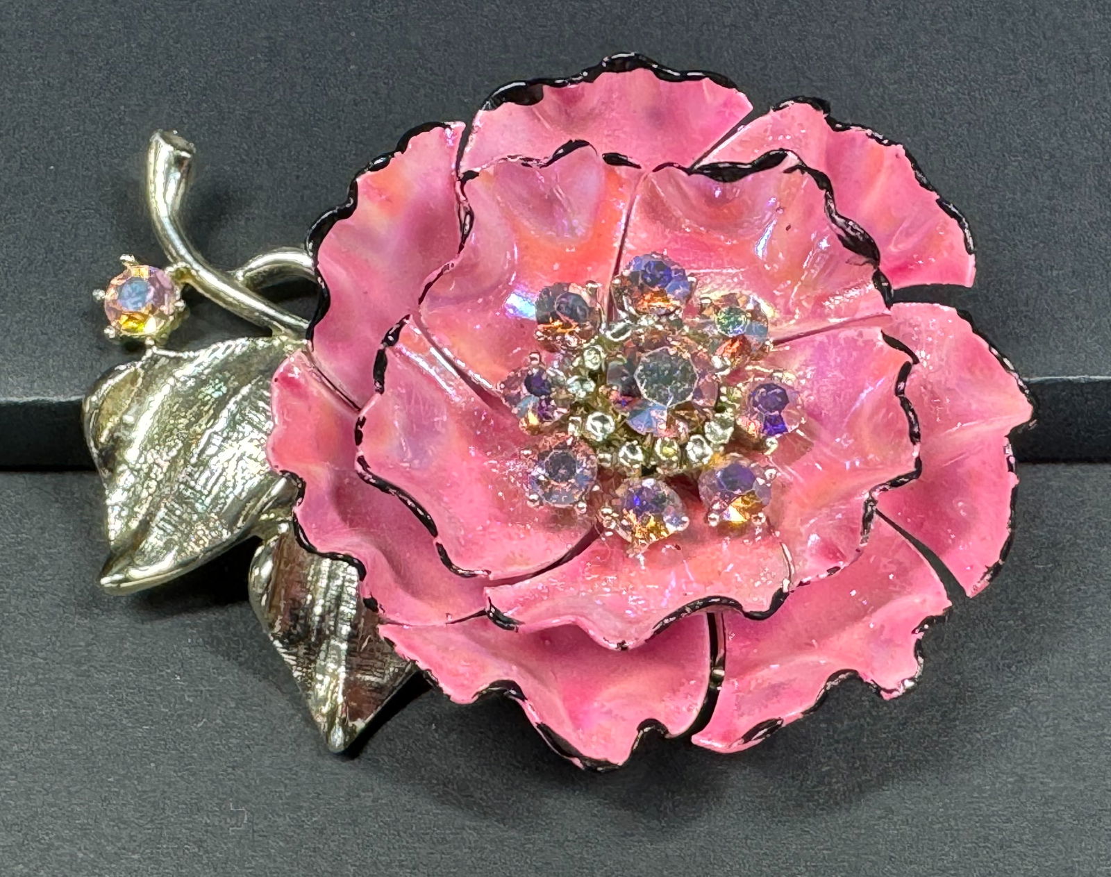 Vintage Coro AB crystals black rim pink enamel goldtone metal flower & leaves pin brooch. (1 of 6)