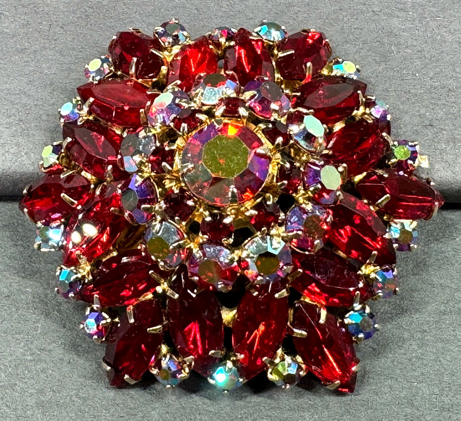 Vintage Juliana style AB, and red ruby color crystals goldtone metal dome big flower pin brooch. (1 of 5)