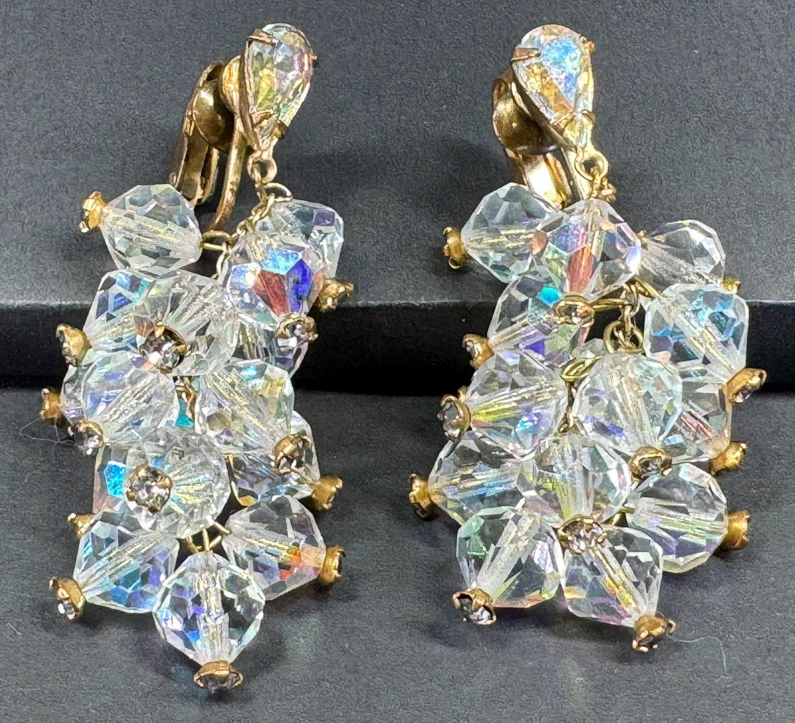 Vintage AB crystal faceted beads with rhinestones goldtone metal cluster dangles drop clip earrings. (1 of 6)