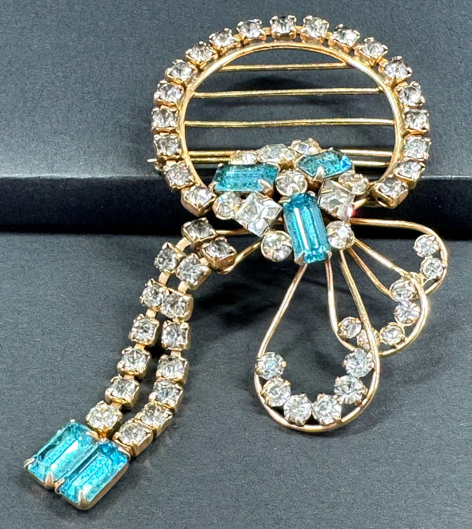 Vintage M&S turquoise & clear crystals 12K gold filled flower with dangles pin brooch. (1 of 8)