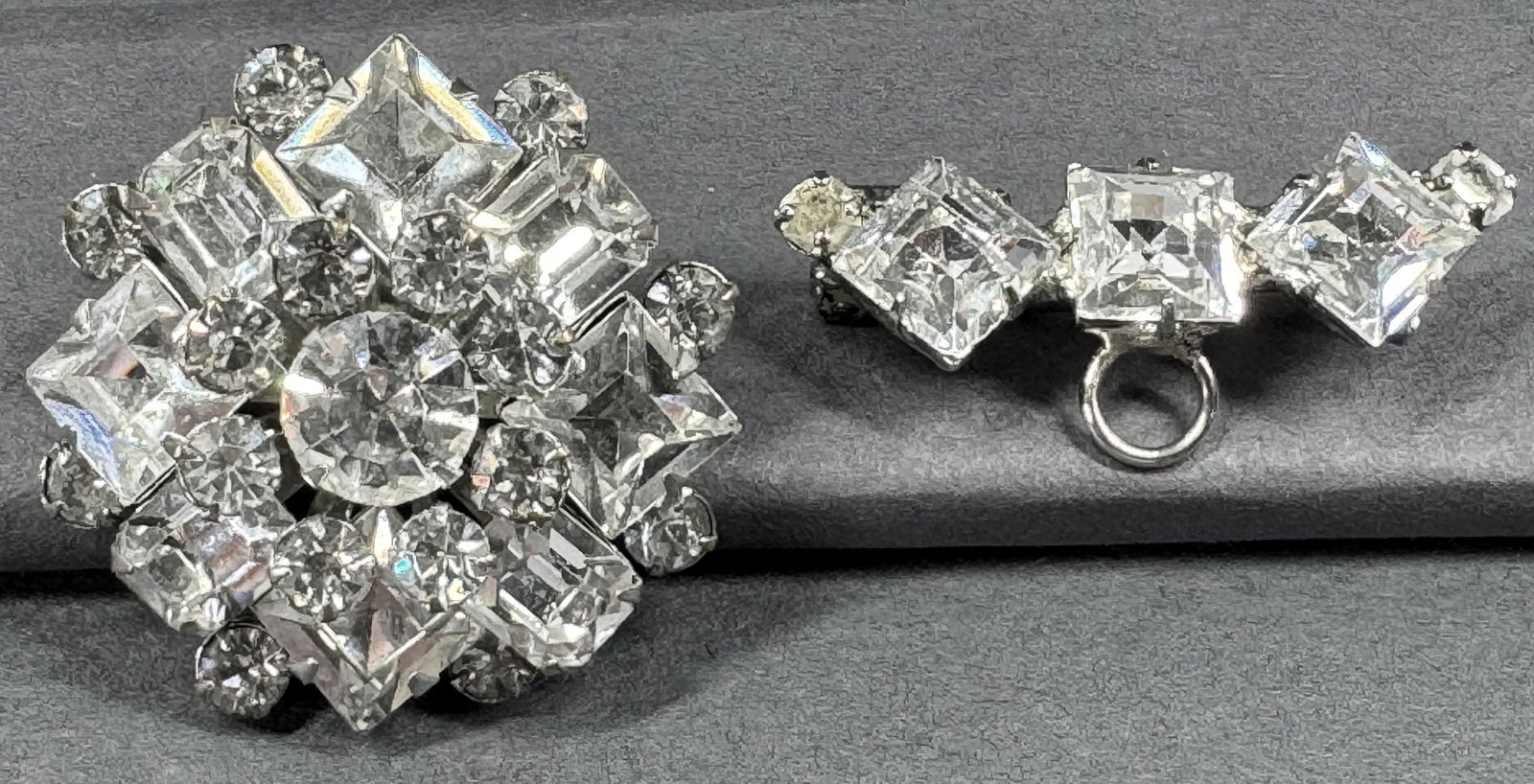 Vintage clear crystals silvertone metal flower & barrette with a ring hanger pin brooches. (1 of 5)