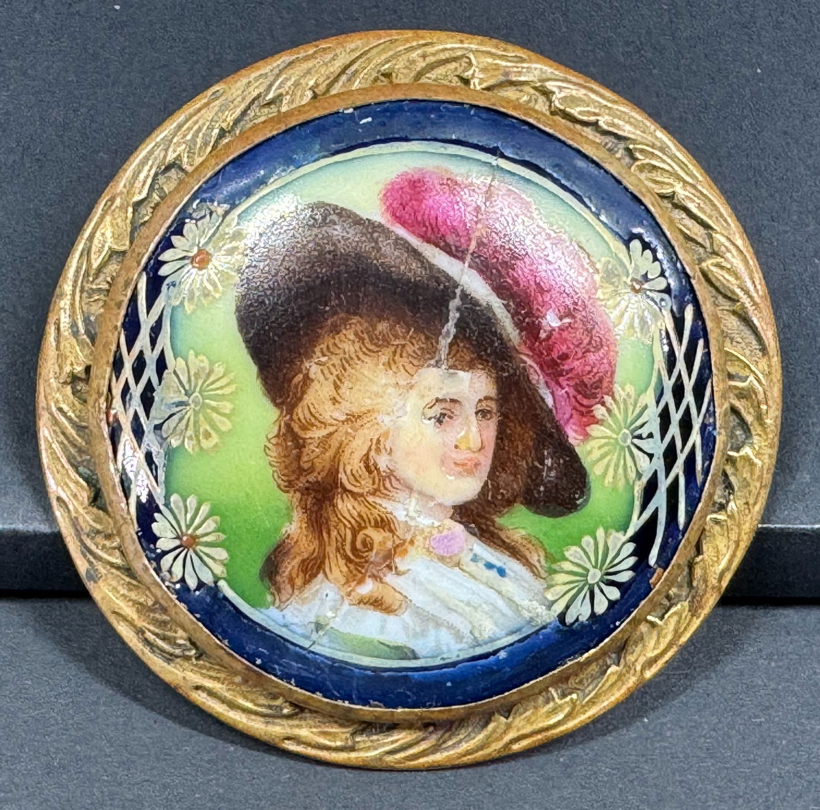 Antique French Enamel Porcelain Miniature Gainsborough Style Portrait Goldtone Metal Setting Brooch (1 of 7)