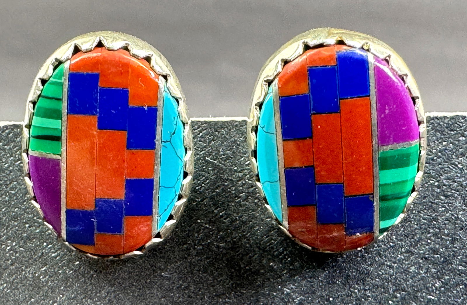Vintage Southwestern style multi stones inlaid sterling silver stud earrings (1 of 7)