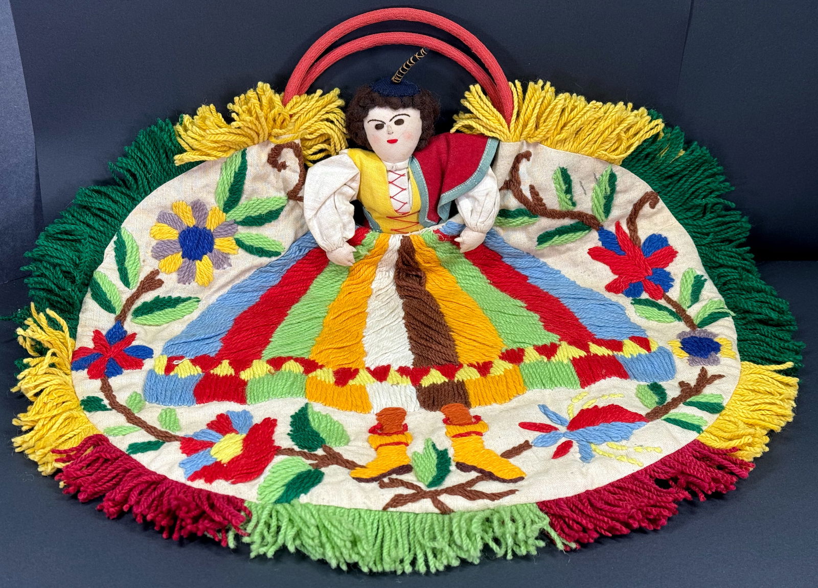 Vintage Portuguese Madeira Island Folk Art Cotton & Yarn embroidered Doll Bag. (1 of 8)