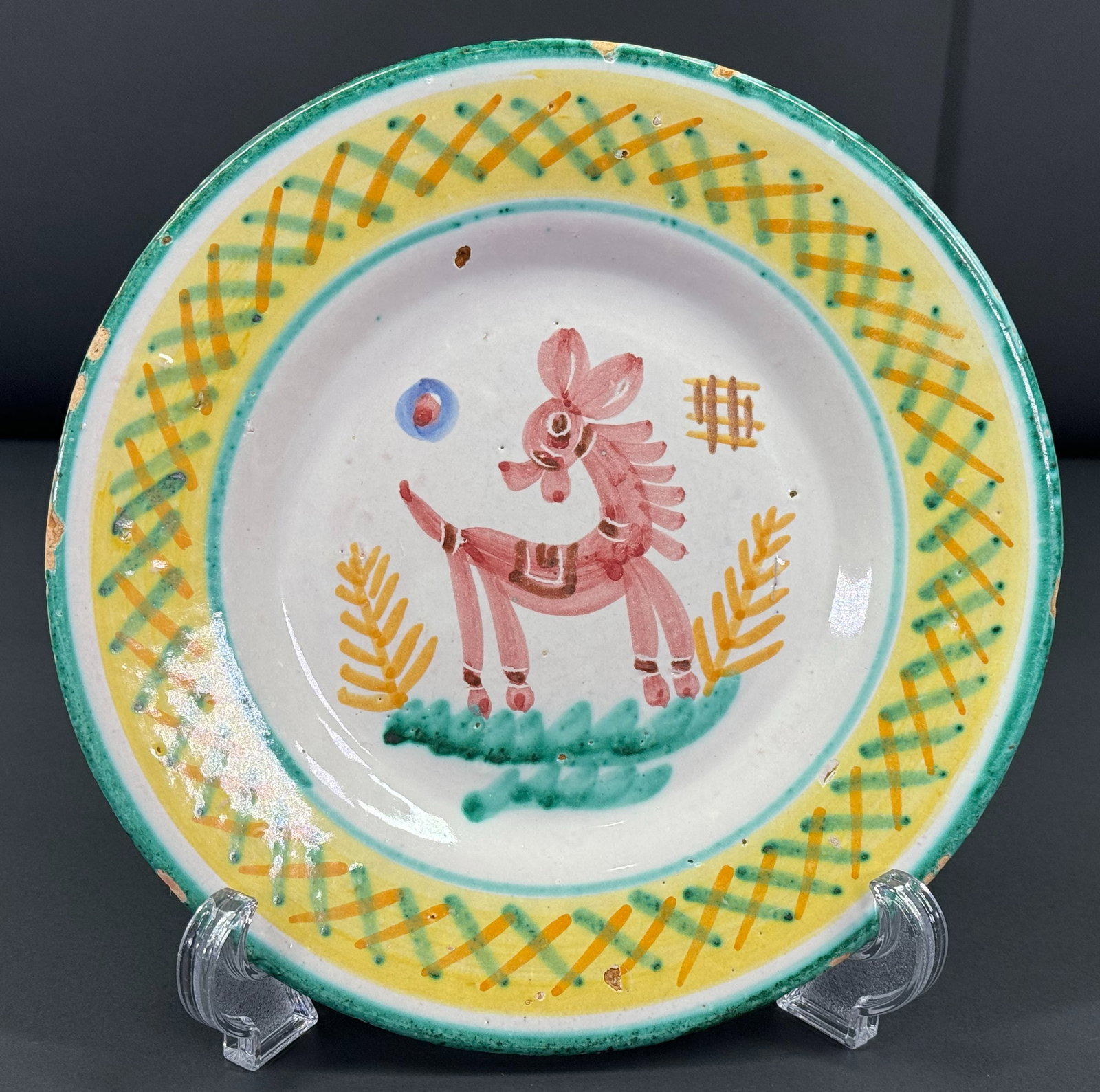 Vintage Italian Mid Century Modern MCM Tito Corti and painted Pottery donkey plate.: Vintage Mid Century Modern Tito Corti Italian hand painted Pottery donkey plate. Marked on the bottom. For measures please refer to the pictures taken with a measuring tape. This is a NO RESERVE AUCTI